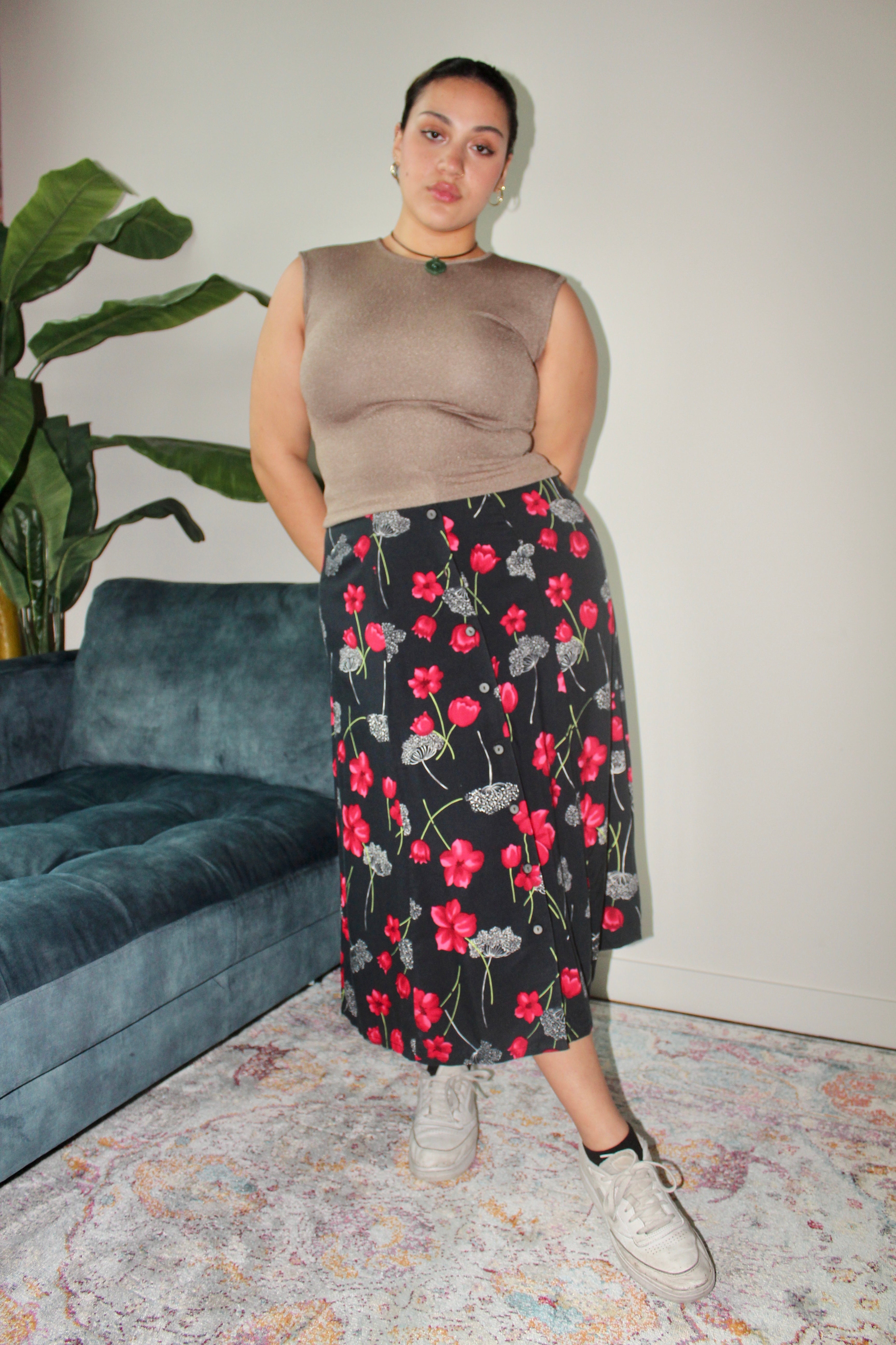 Vintage 90s Floral Button Up Midi Skirt (L)