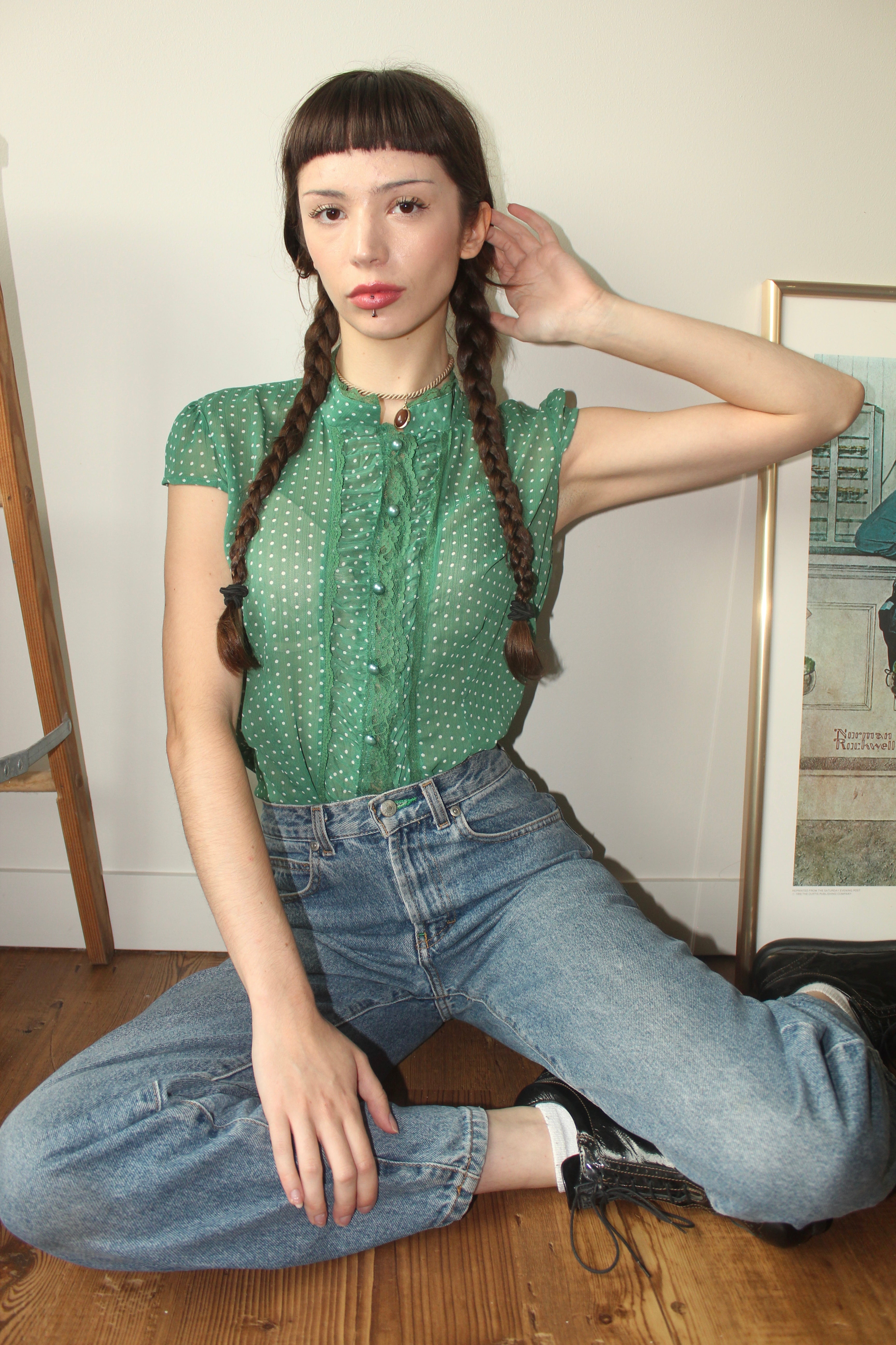 Vintage 90s Sheer Dotted Ruffled Blouse (S)
