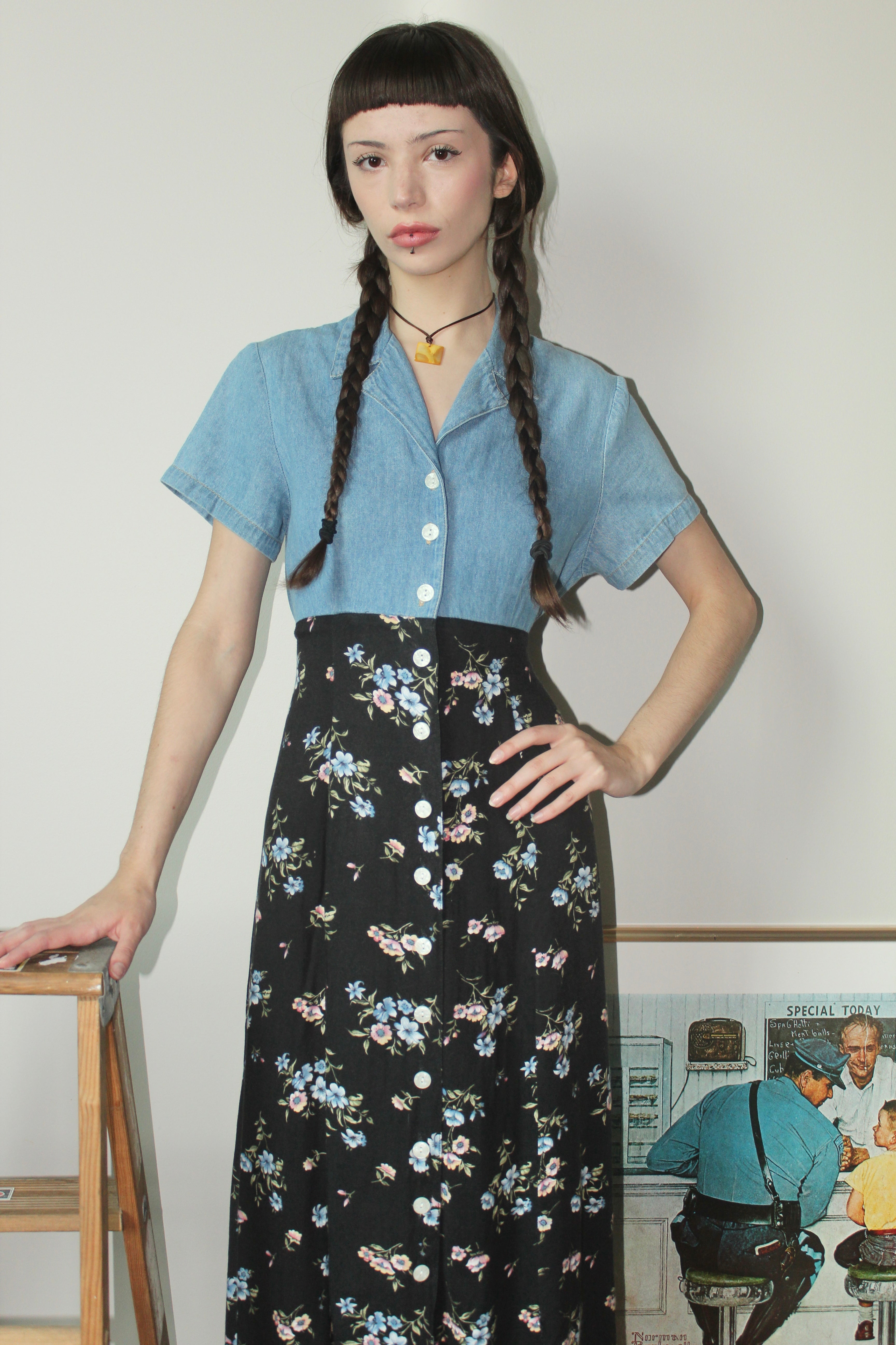 Vintage 90s Denim Floral Tie Back Midi Dress (S)