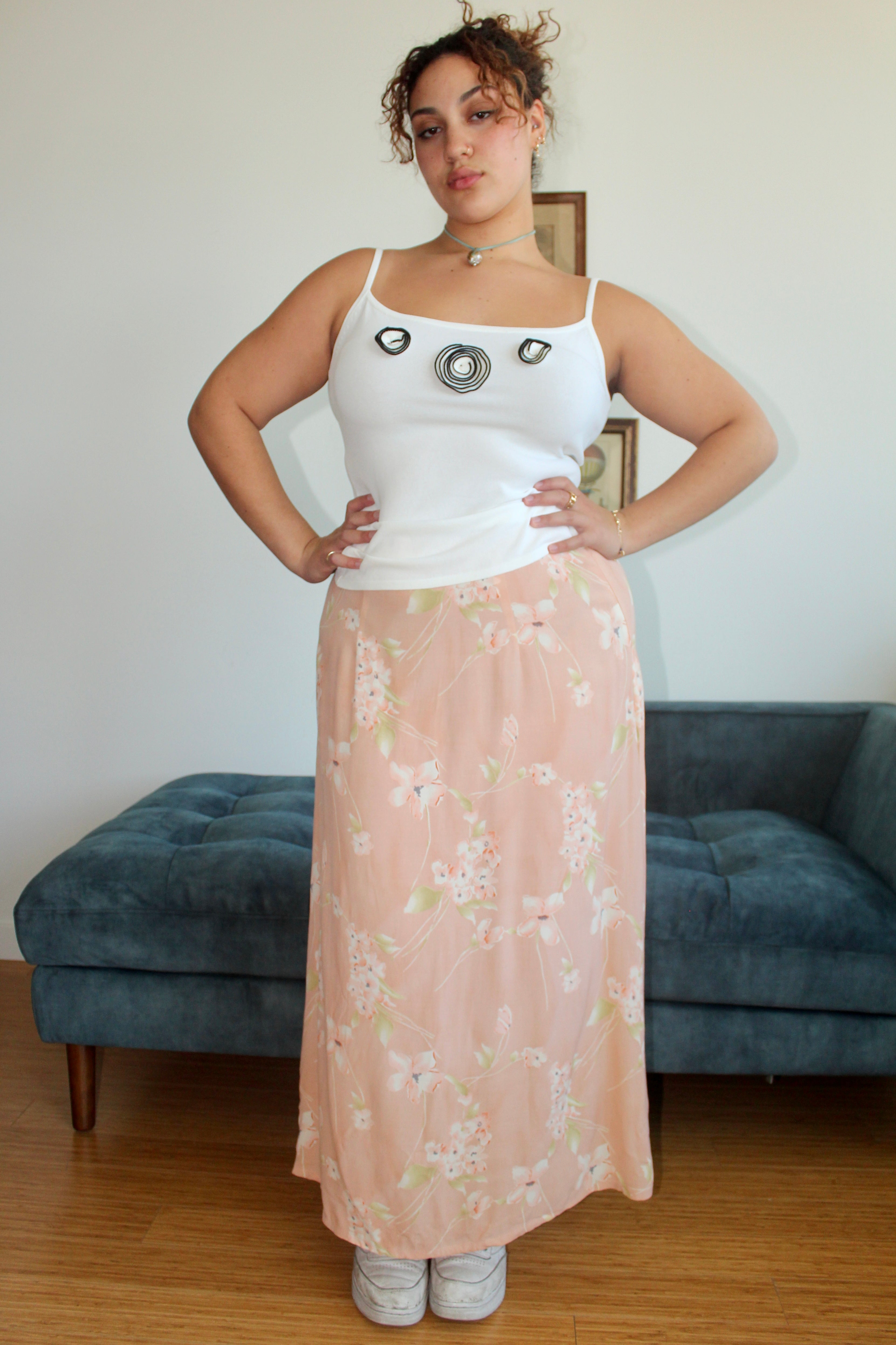 Vintage Peachy Floral Midi Skirt (L)