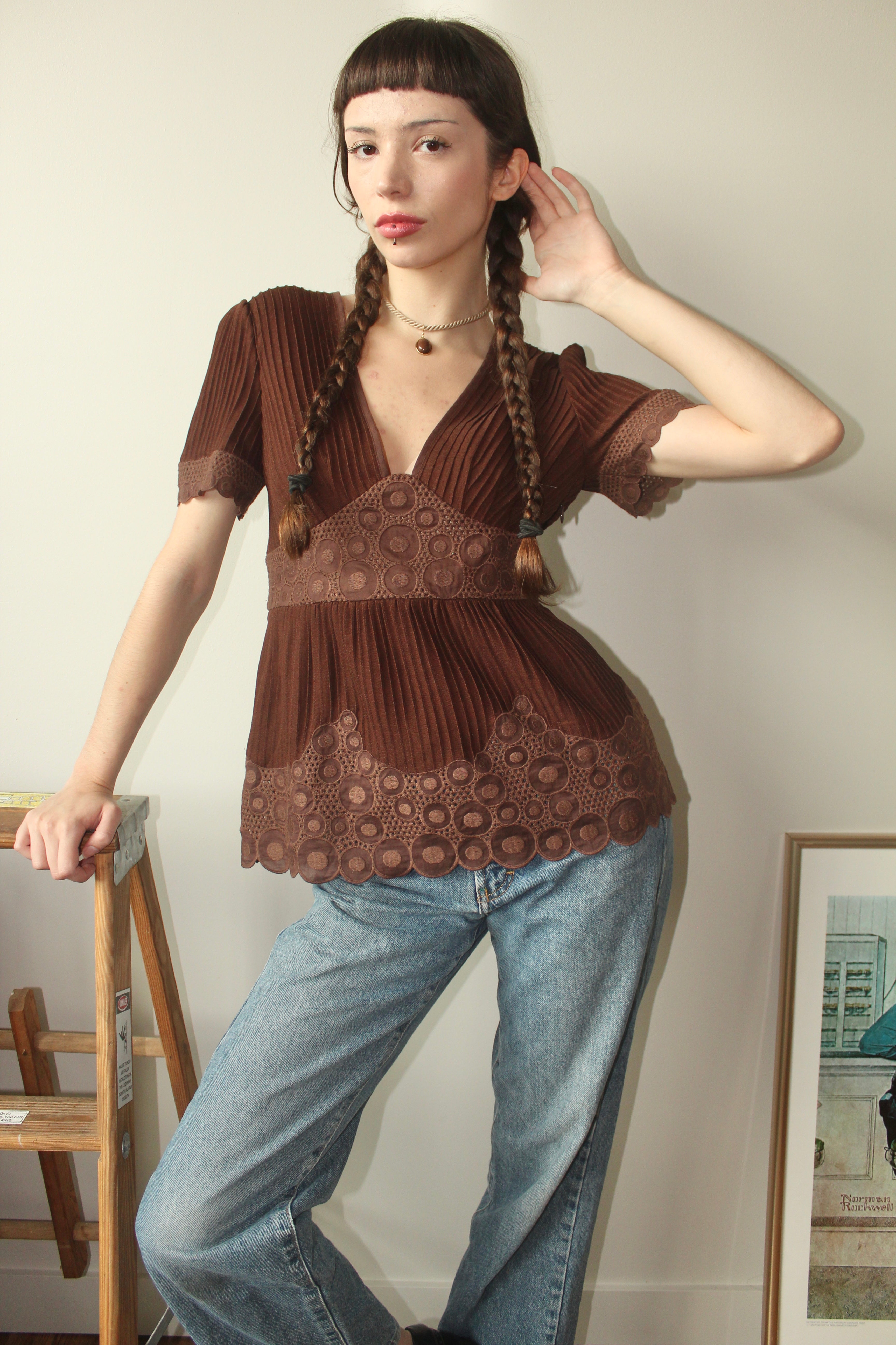 Vintage Chocolate Babydoll Lace Knit Top (M)