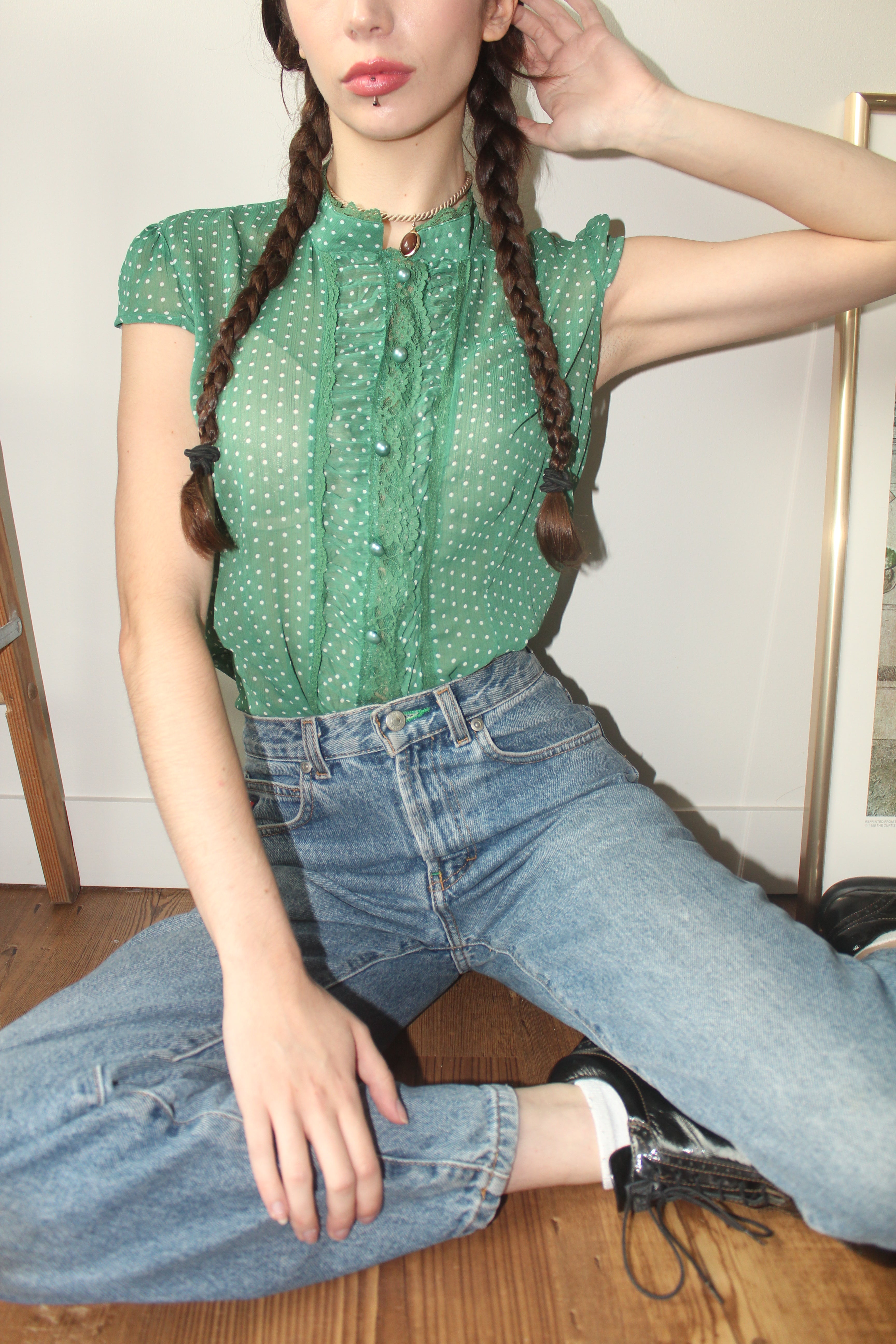 Vintage 90s Sheer Dotted Ruffled Blouse (S)