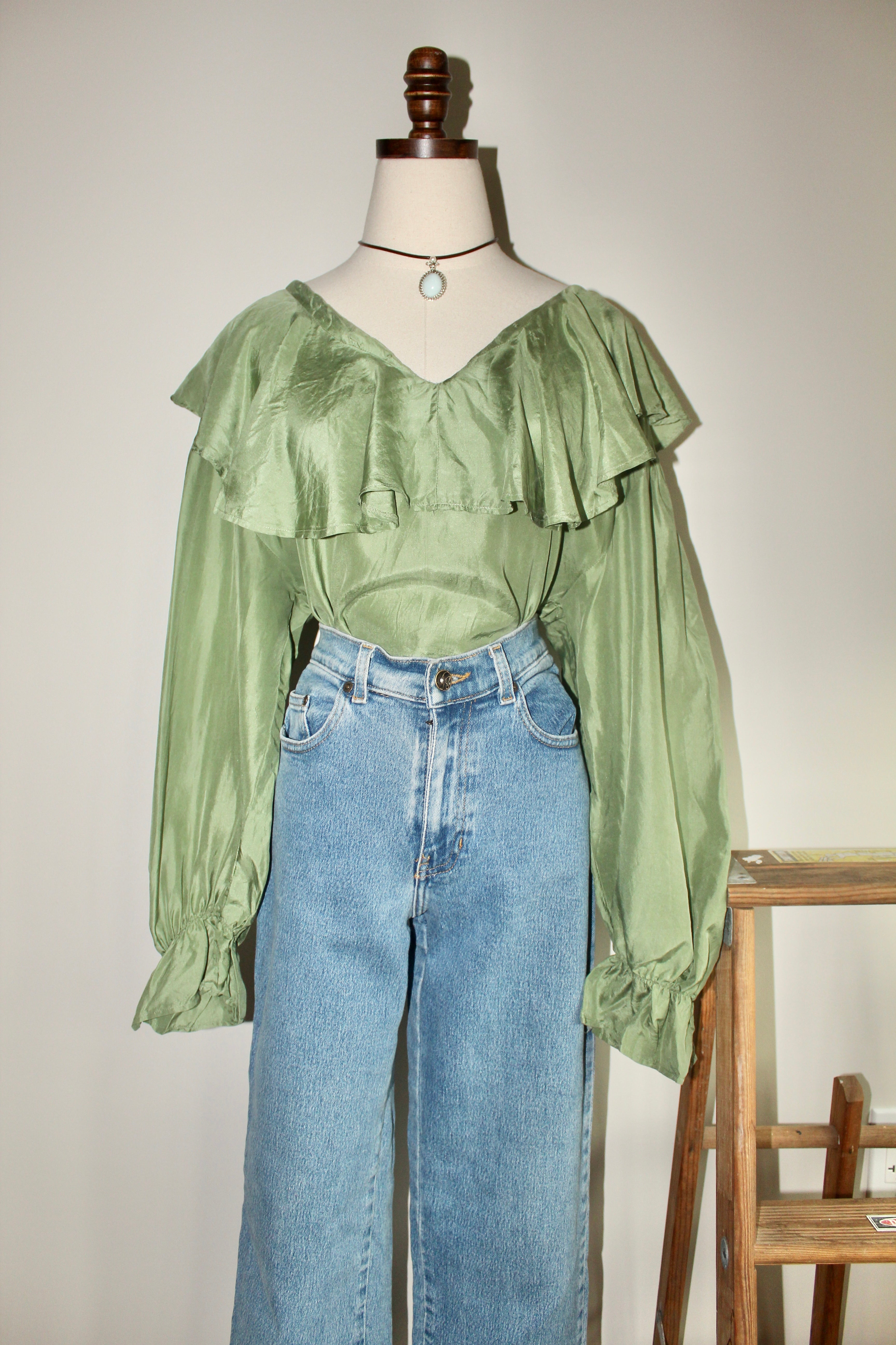 Vintage 90s Moss Green Prairie Silk Blouse (L)