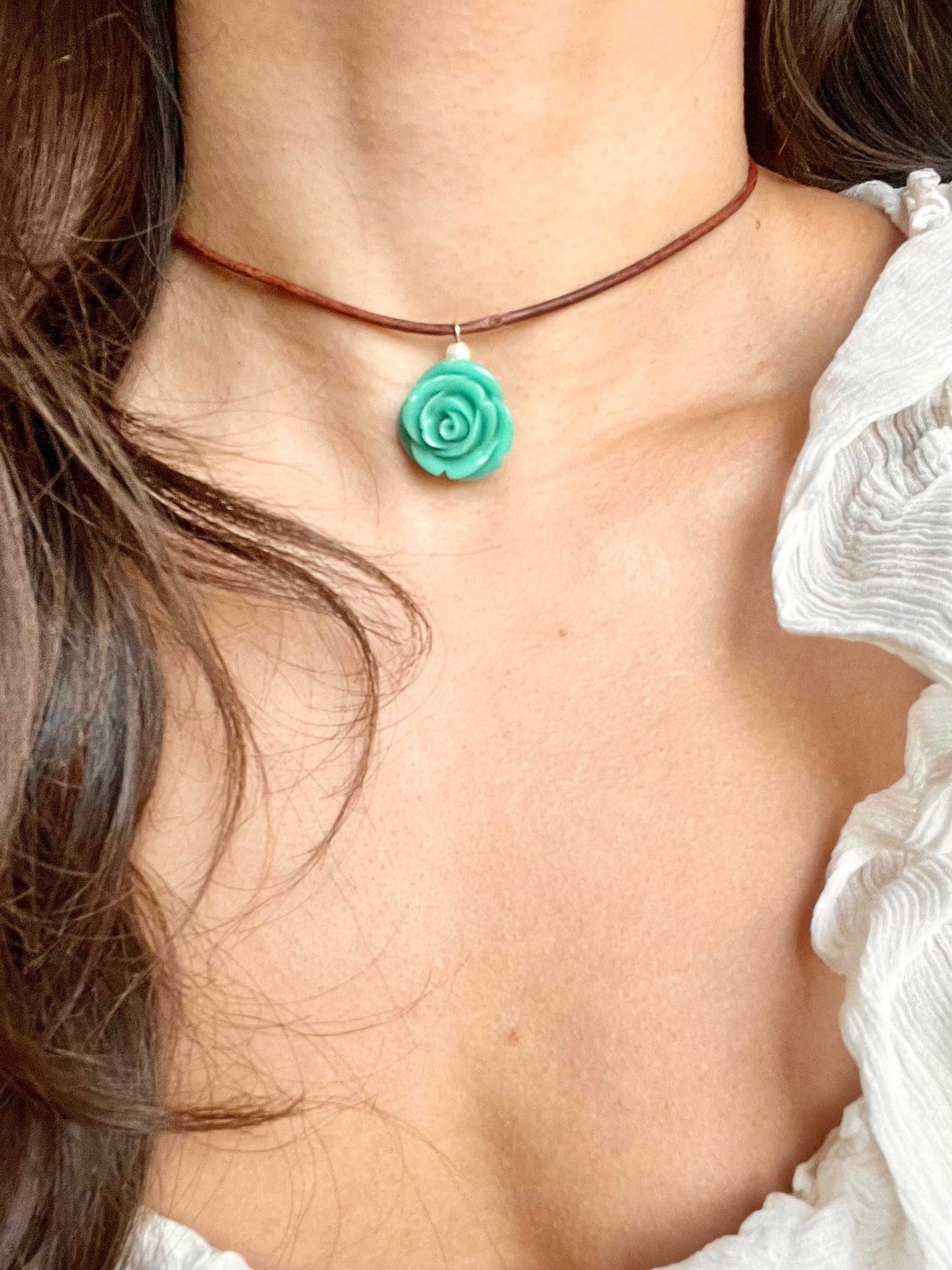 Turquoise Rose Leather Choker