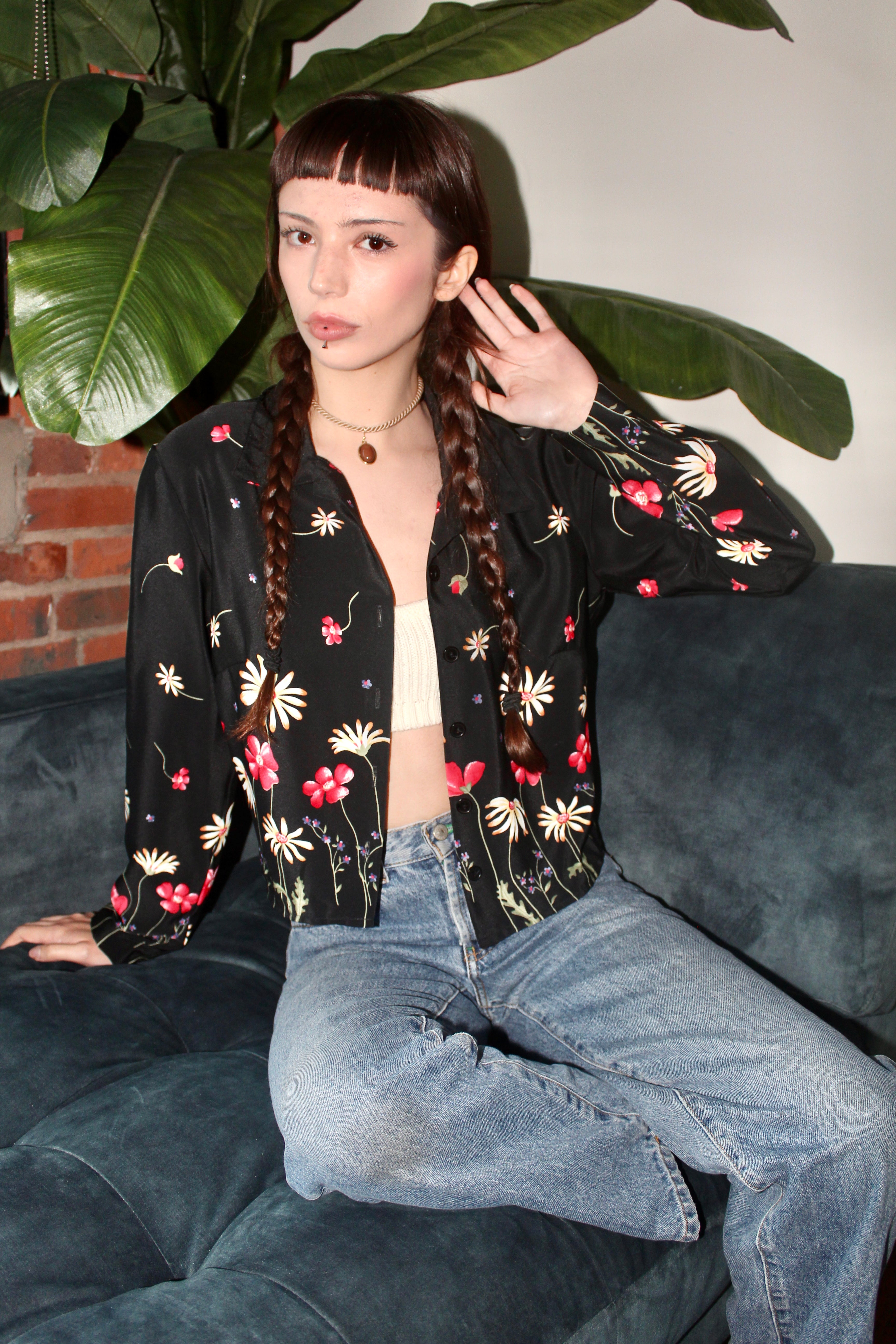 Vintage 90s Cropped Floral Button Up (S-M)