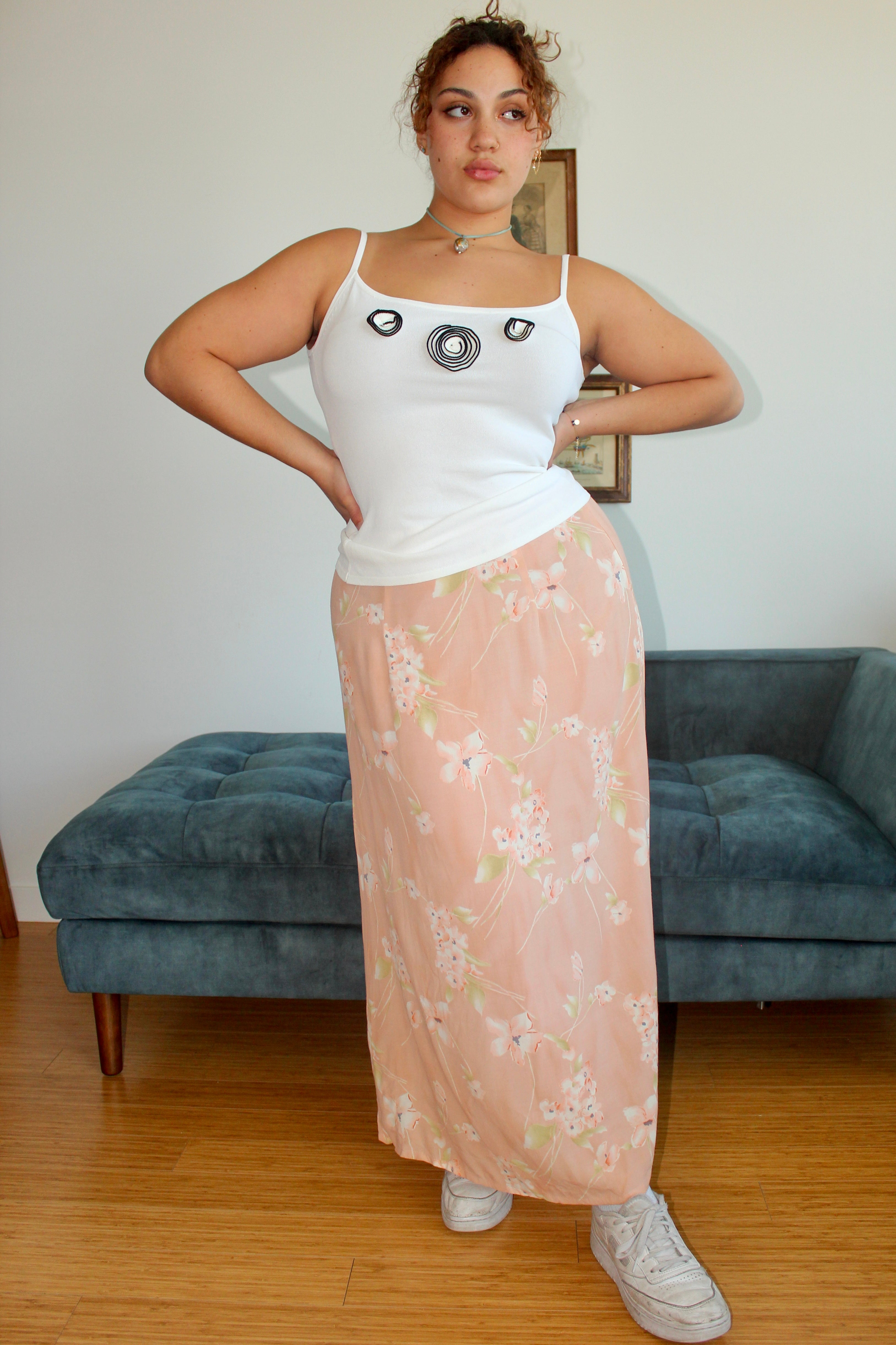 Vintage Peachy Floral Midi Skirt (L)