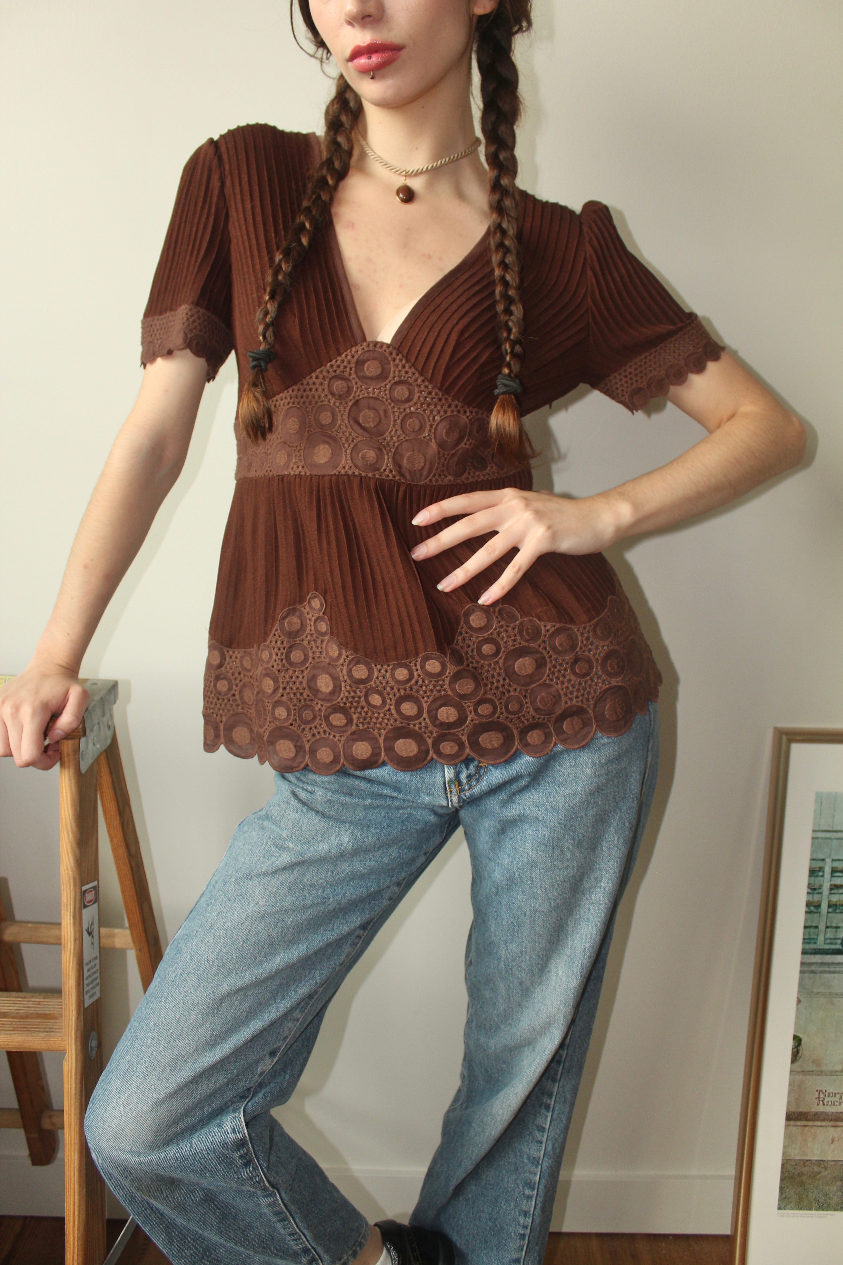 Vintage Chocolate Babydoll Lace Knit Top (M)