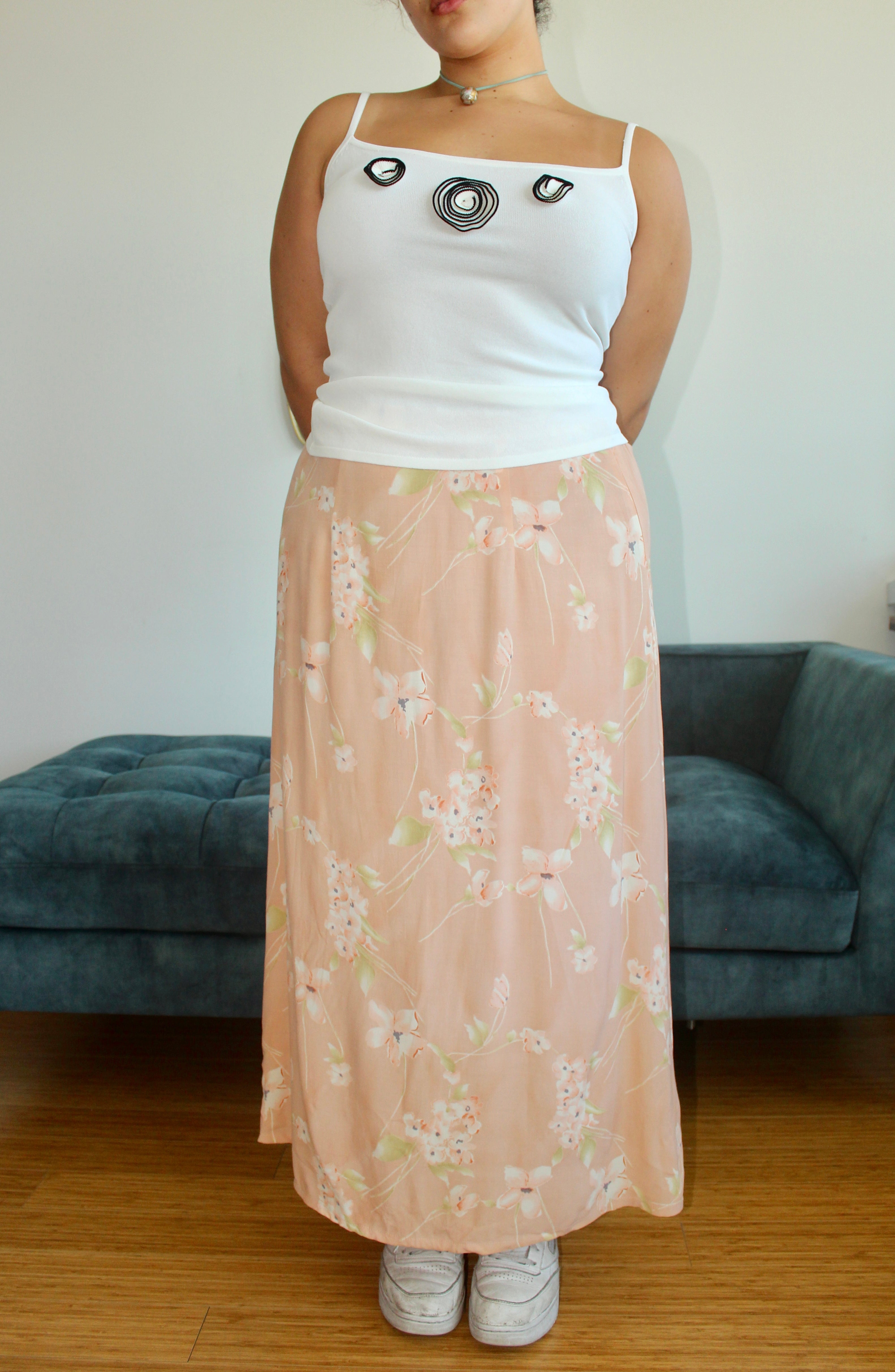 Vintage Peachy Floral Midi Skirt (L)