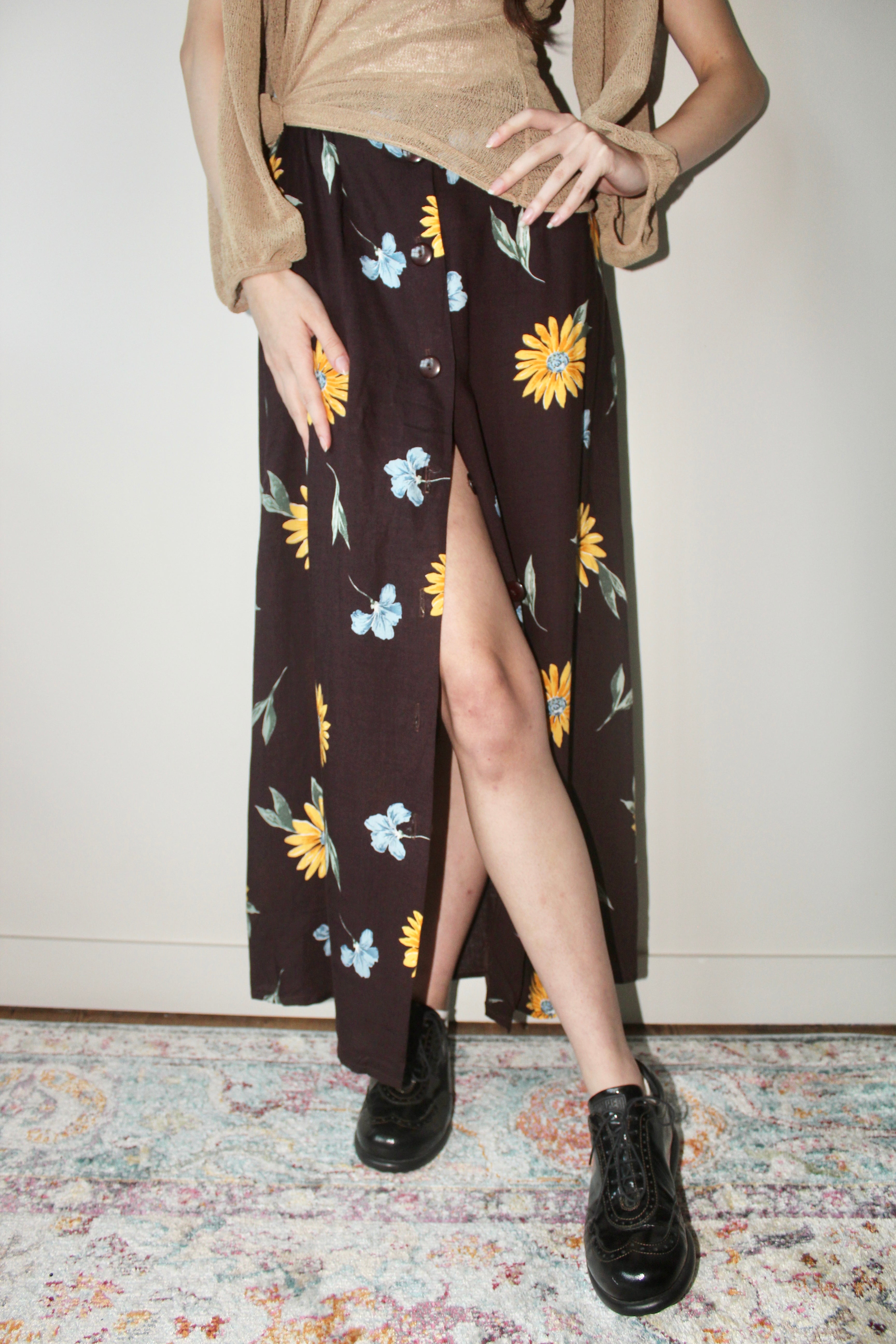 Vintage 90s Button Up Floral Midi Skirt (M)