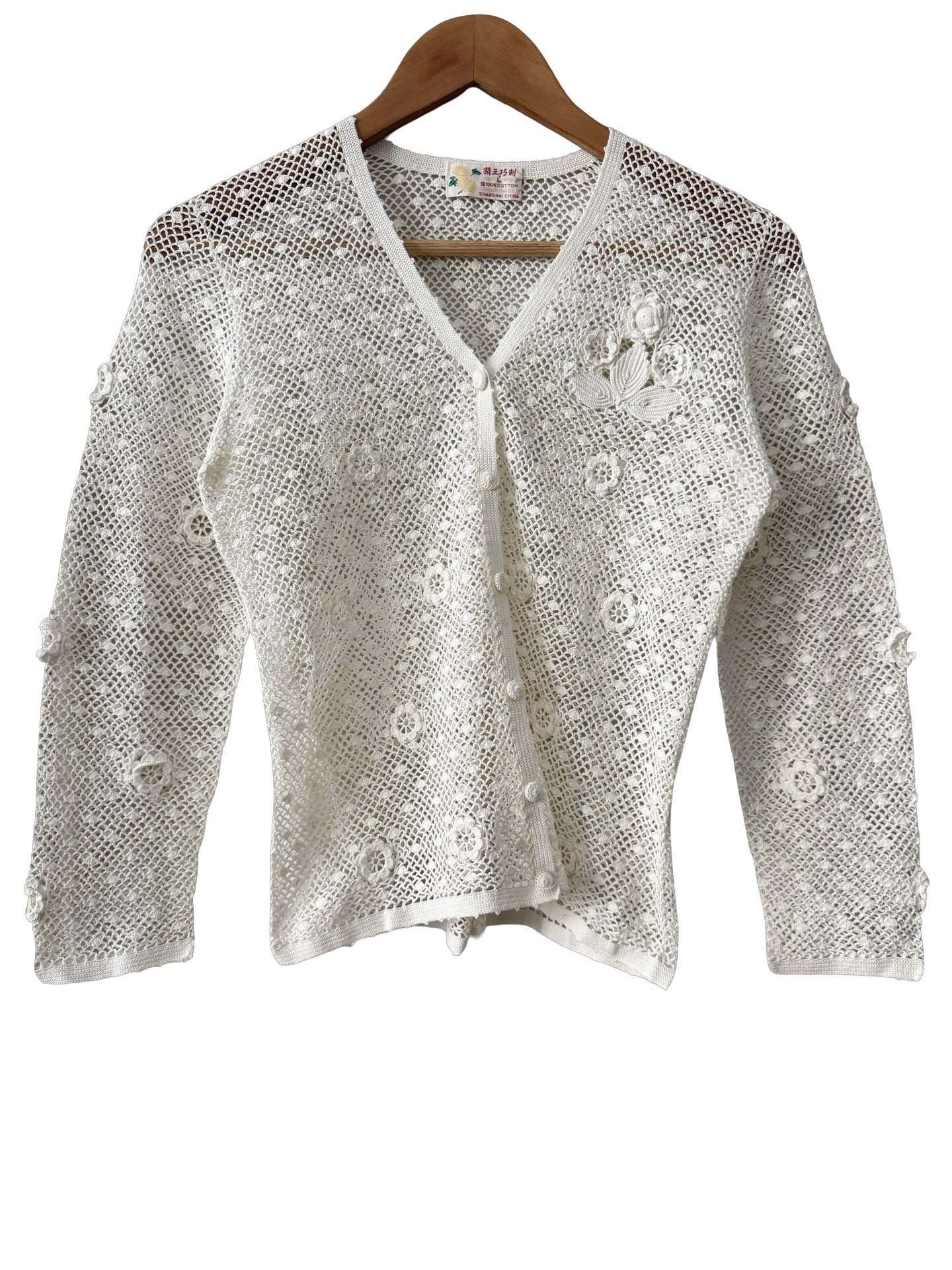 Vintage 80s Romantic Ivory Crochet Floral Cardigan (S/M)