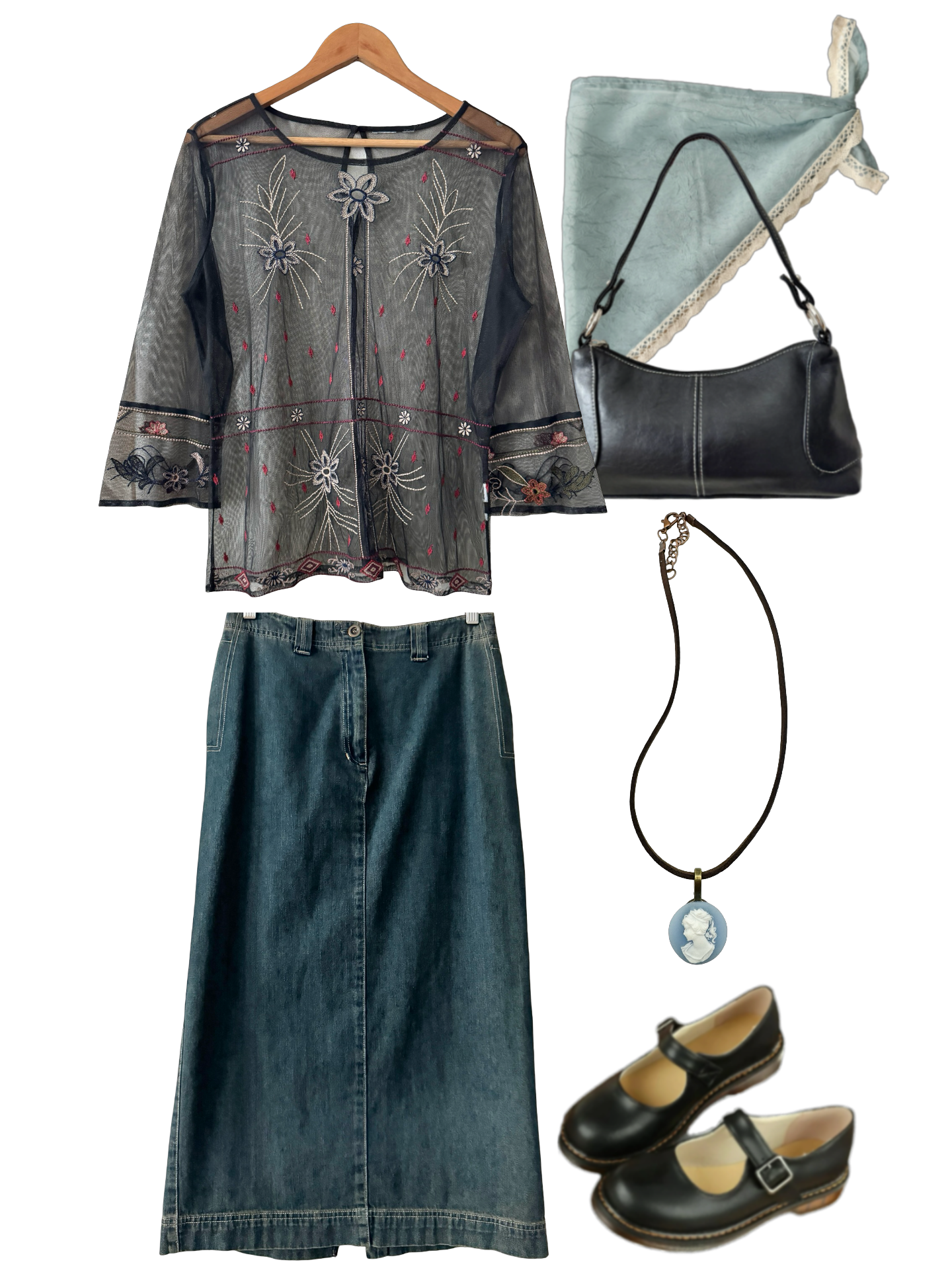 Vintage Y2K Midnight Garden Embroidered Mesh Blouse (L)
