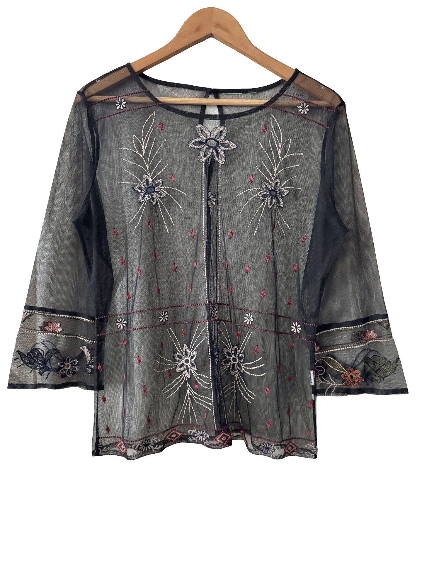 Vintage Y2K Midnight Garden Embroidered Mesh Blouse (L)