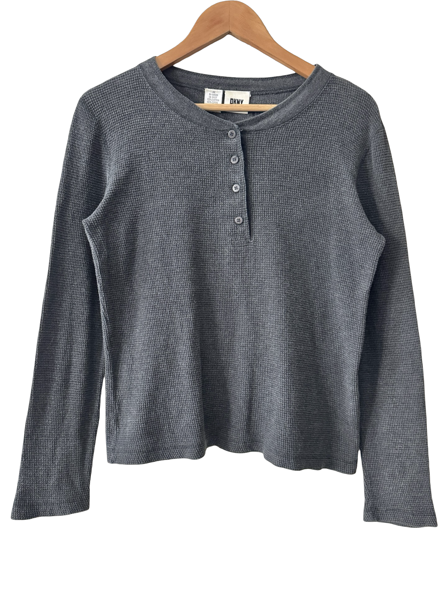 Vintage 90s DKNY Charcoal Waffle Knit Henley Top (M)