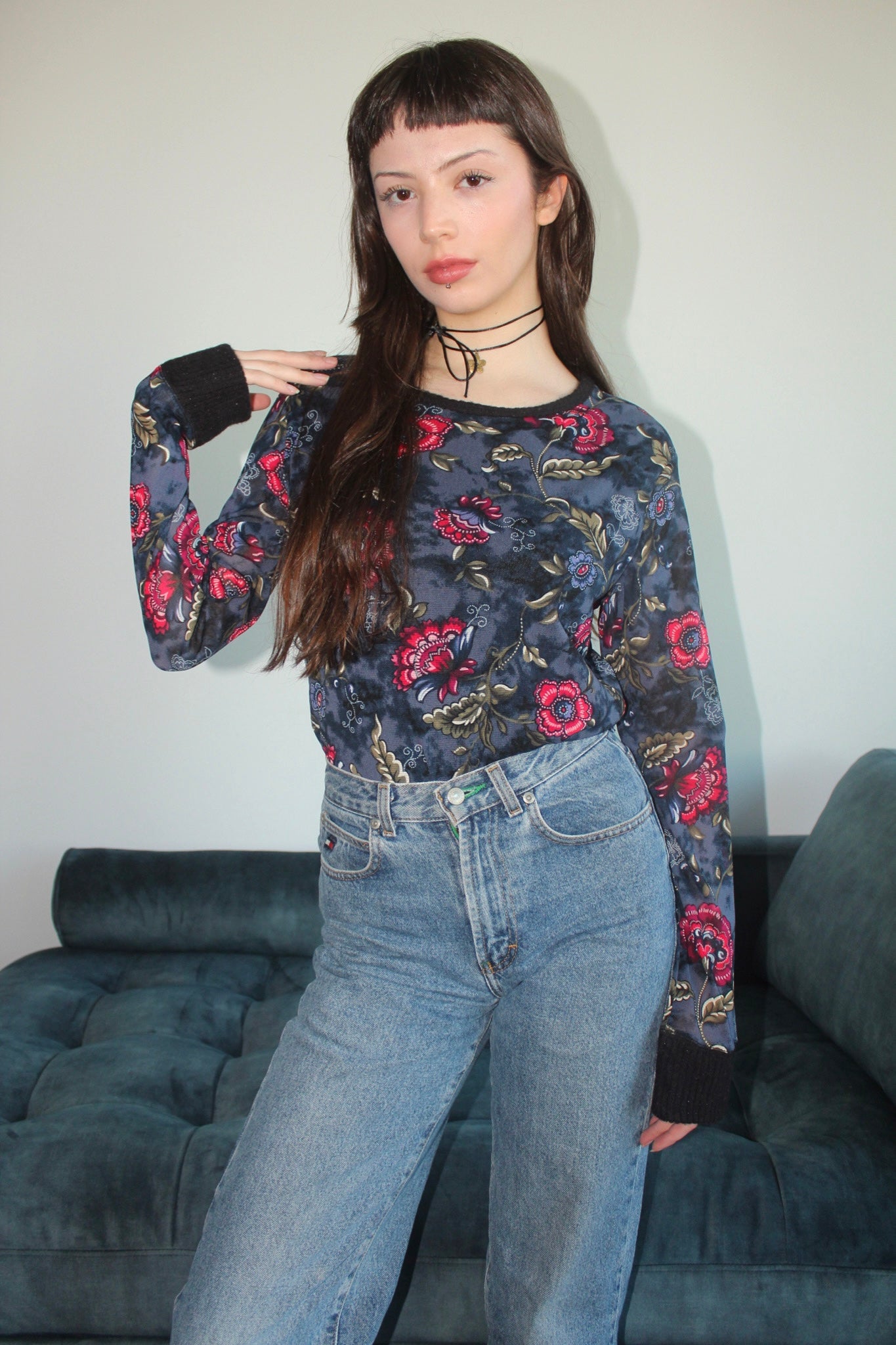 Vintage 90s Cuffed Floral Knit Top (M)