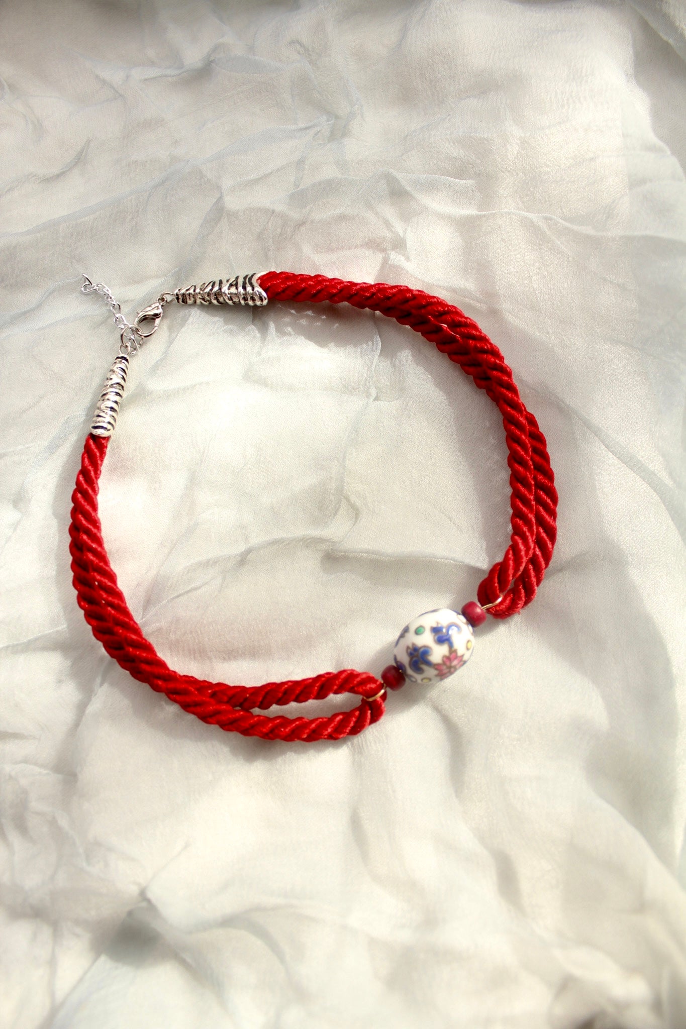 Floral Pendant Cherry Red Rope Choker