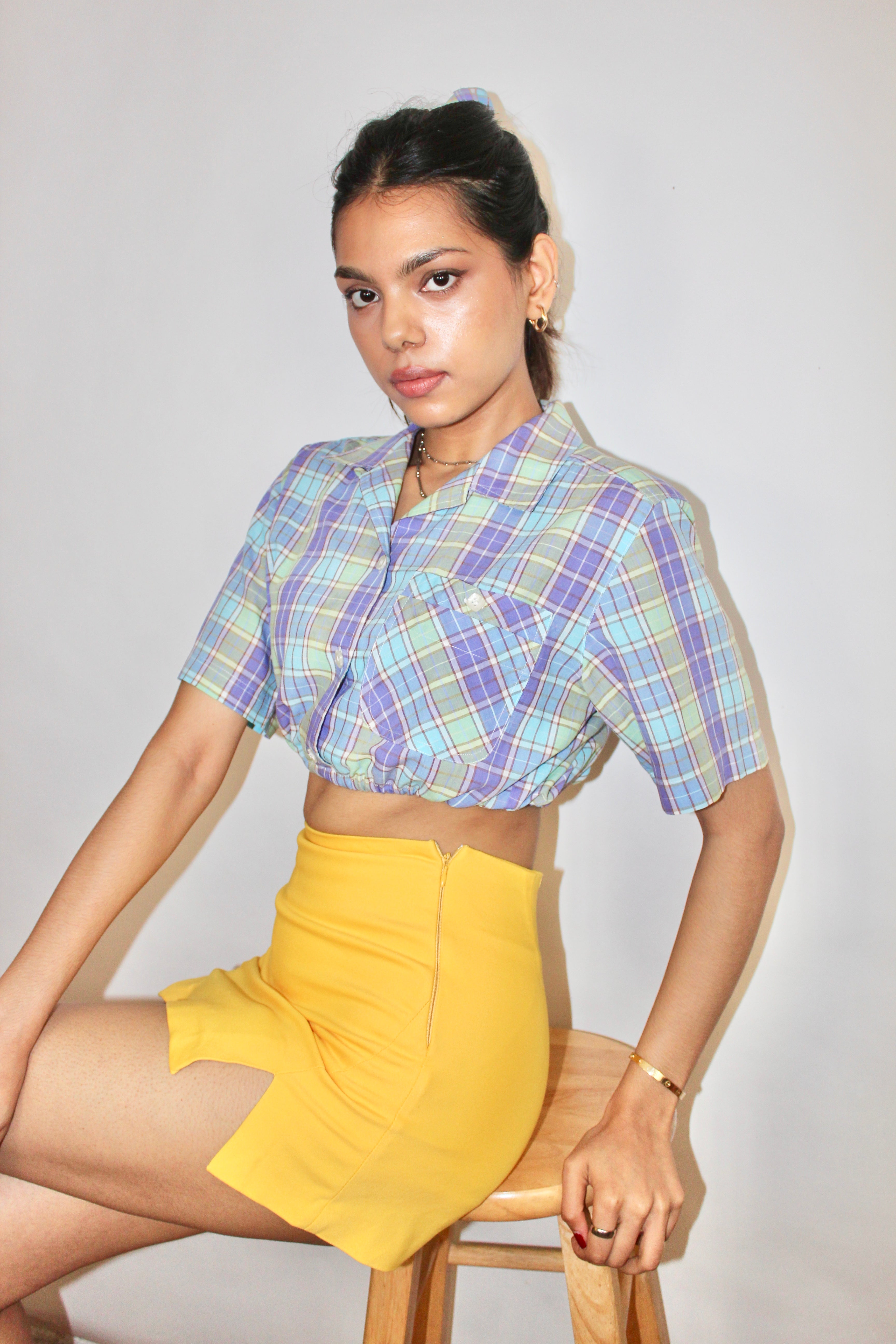 Vintage 90s Colorful Plaid Crop w/ Scrunchie (XS-S)