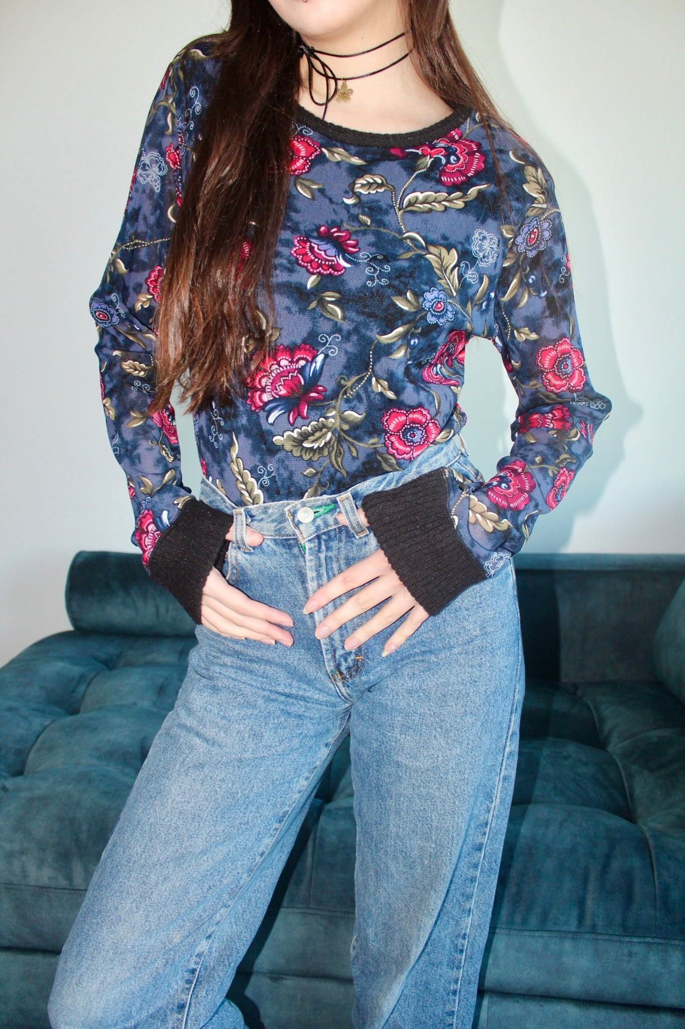 Vintage 90s Cuffed Floral Knit Top (M)