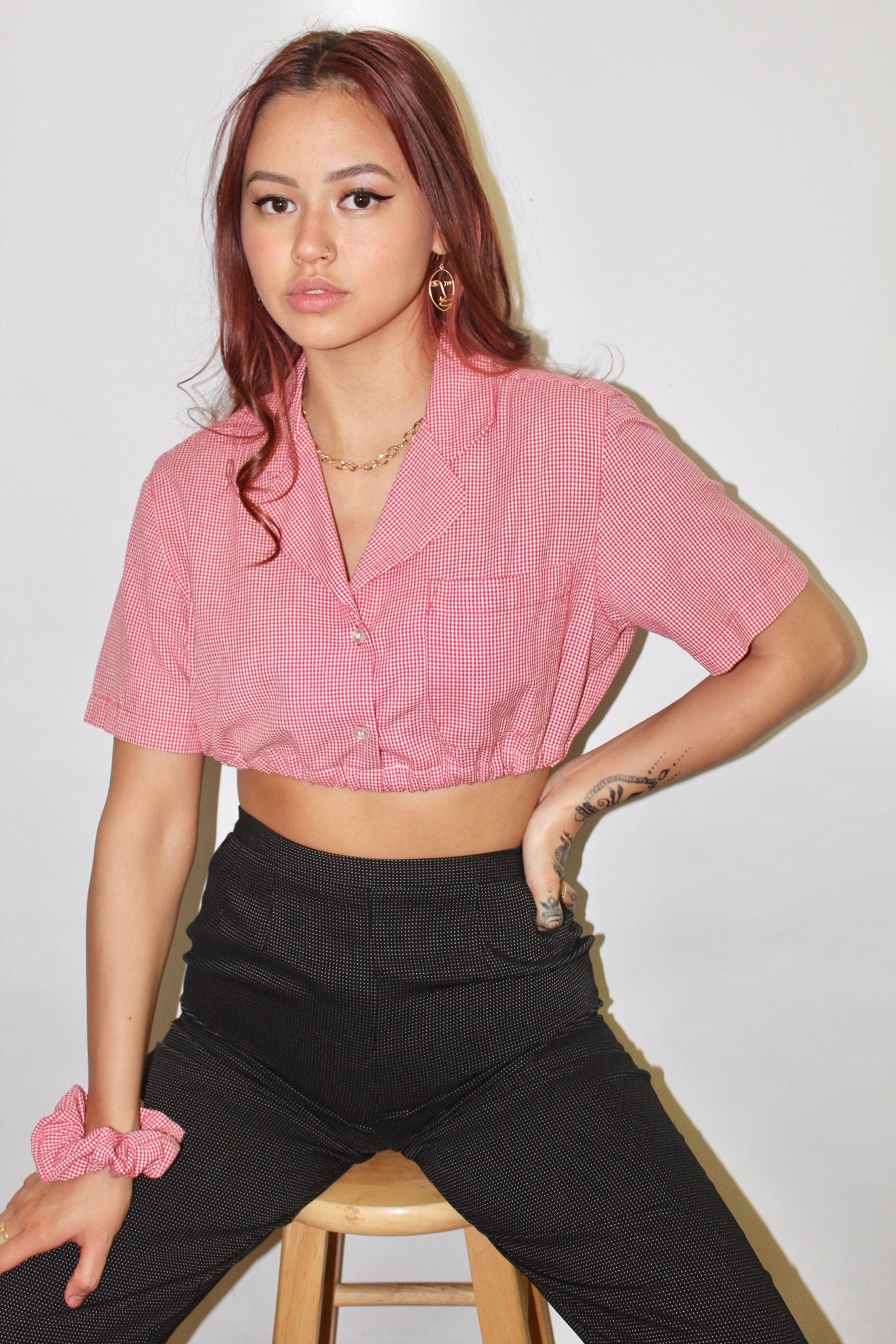 Vintage Cherry Plaid Crop w/ Scrunchie (M)