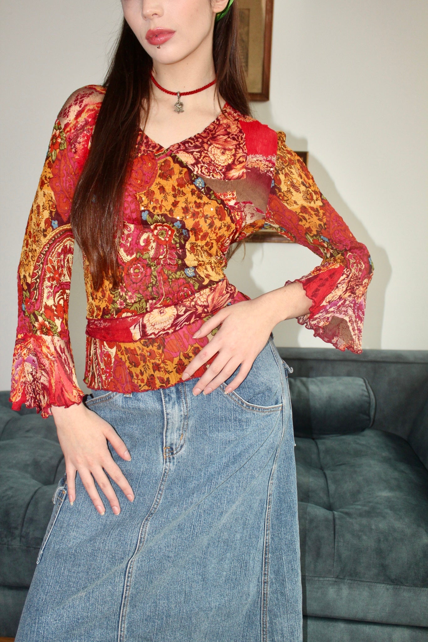 Vintage 90s Abstract Boho Pleated Top (M)