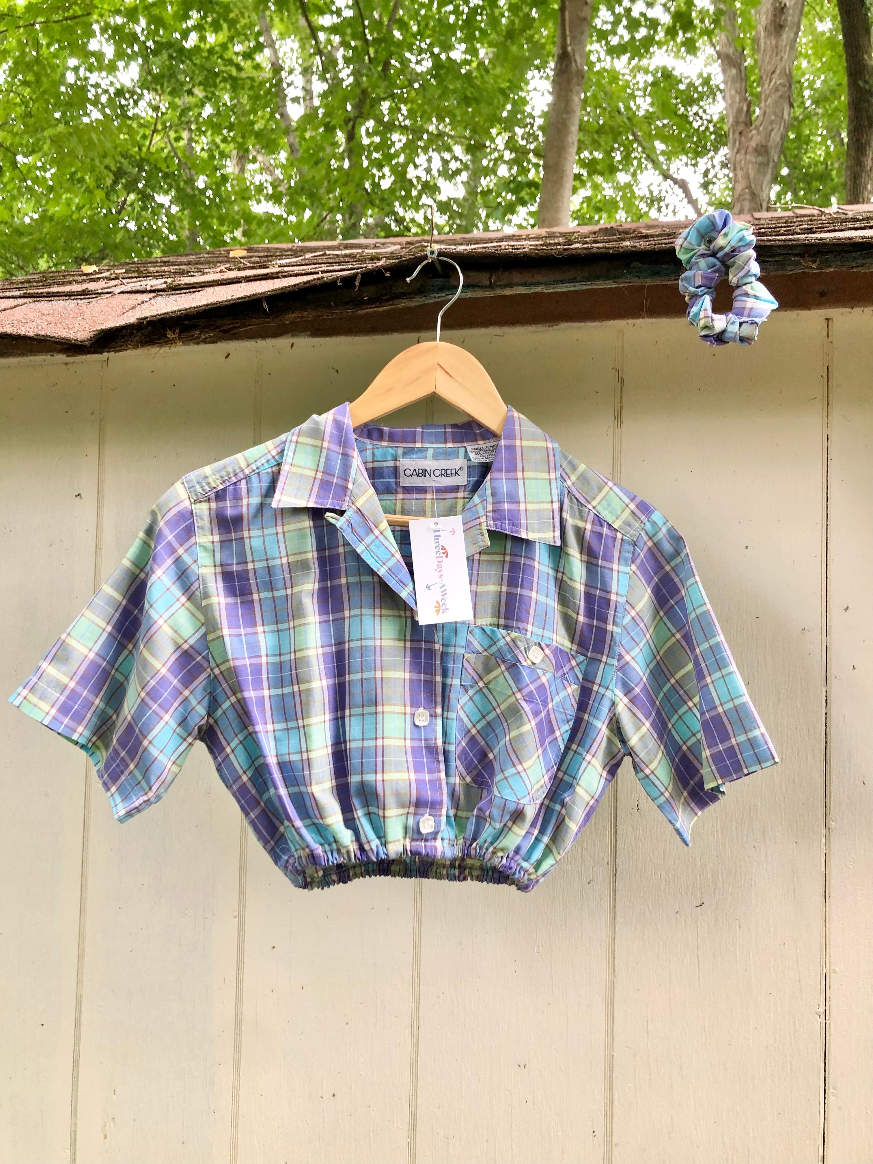 Vintage 90s Colorful Plaid Crop w/ Scrunchie (XS-S)