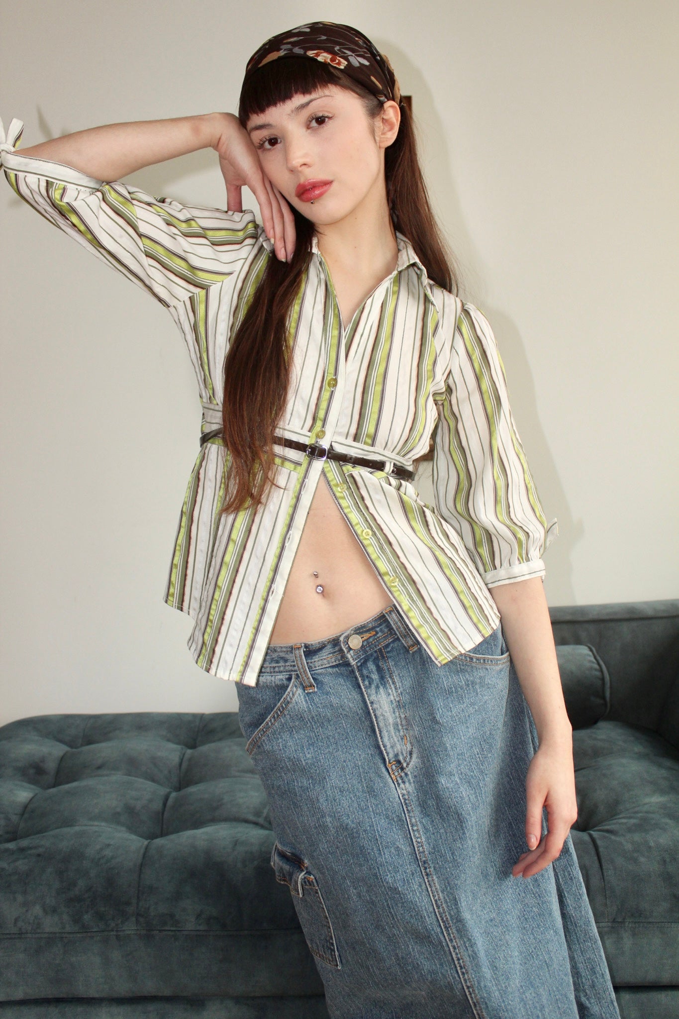 Vintage 90s Striped Belted Button Up (S)