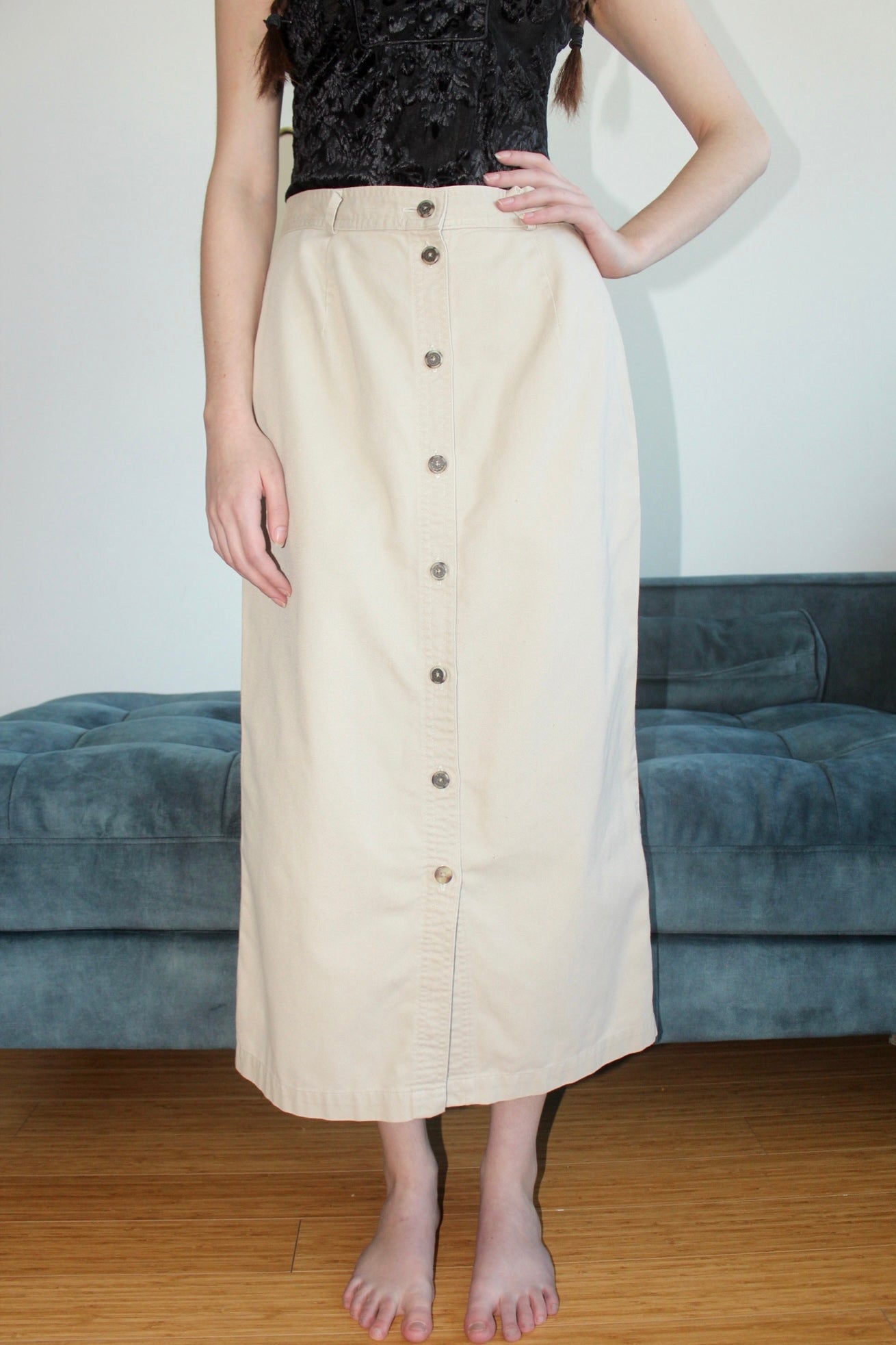 Vintage Button Up Khaki Midi Skirt (S-M)