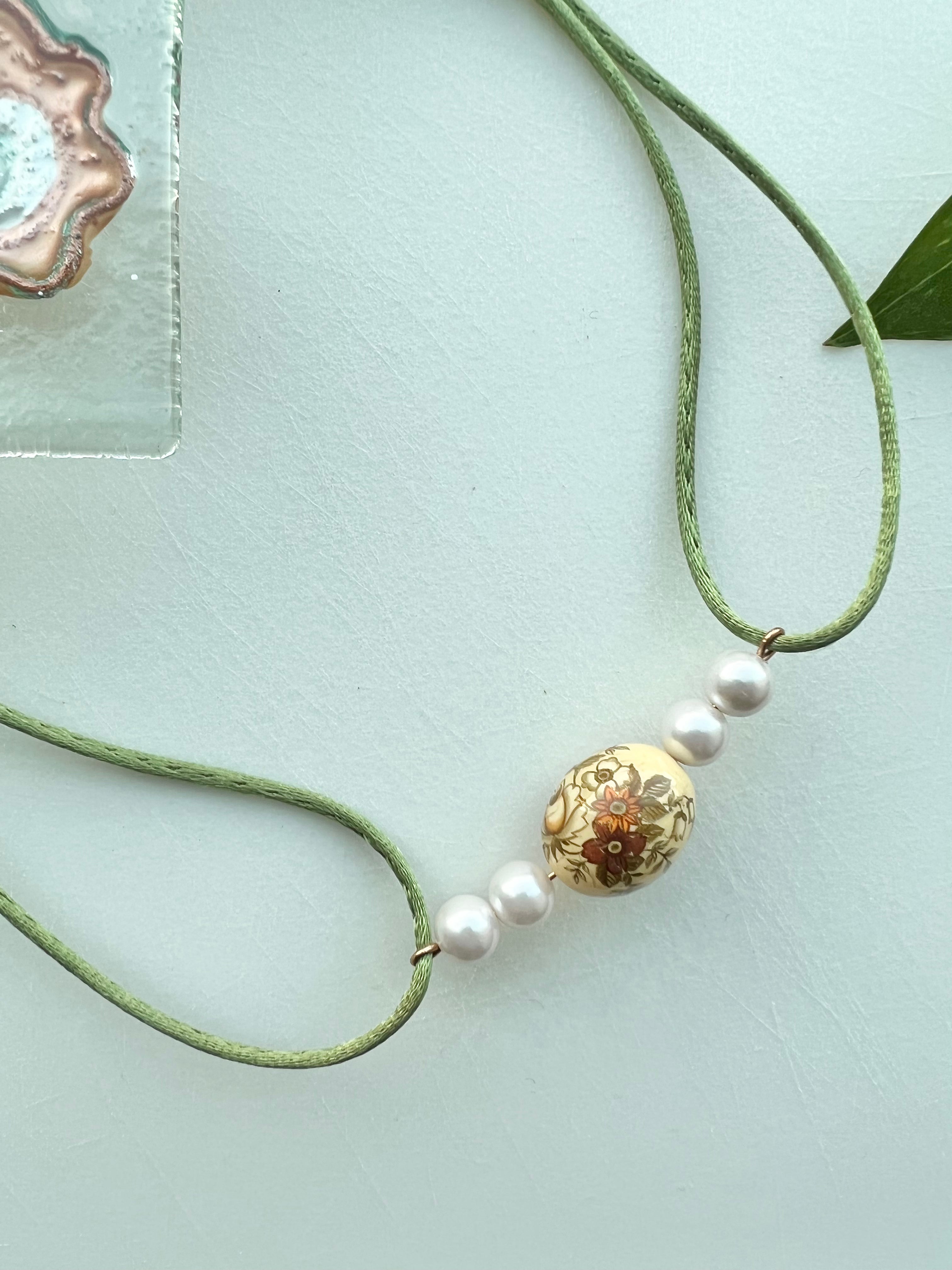 Floral Oval Yellow Cream Bead With Pearl Choker Strung On Charmeuse Green Cord