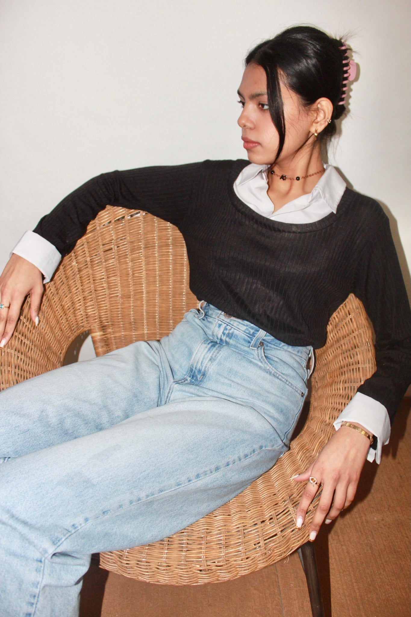 Vintage Retro Collared Ribbed Knit Top (S)
