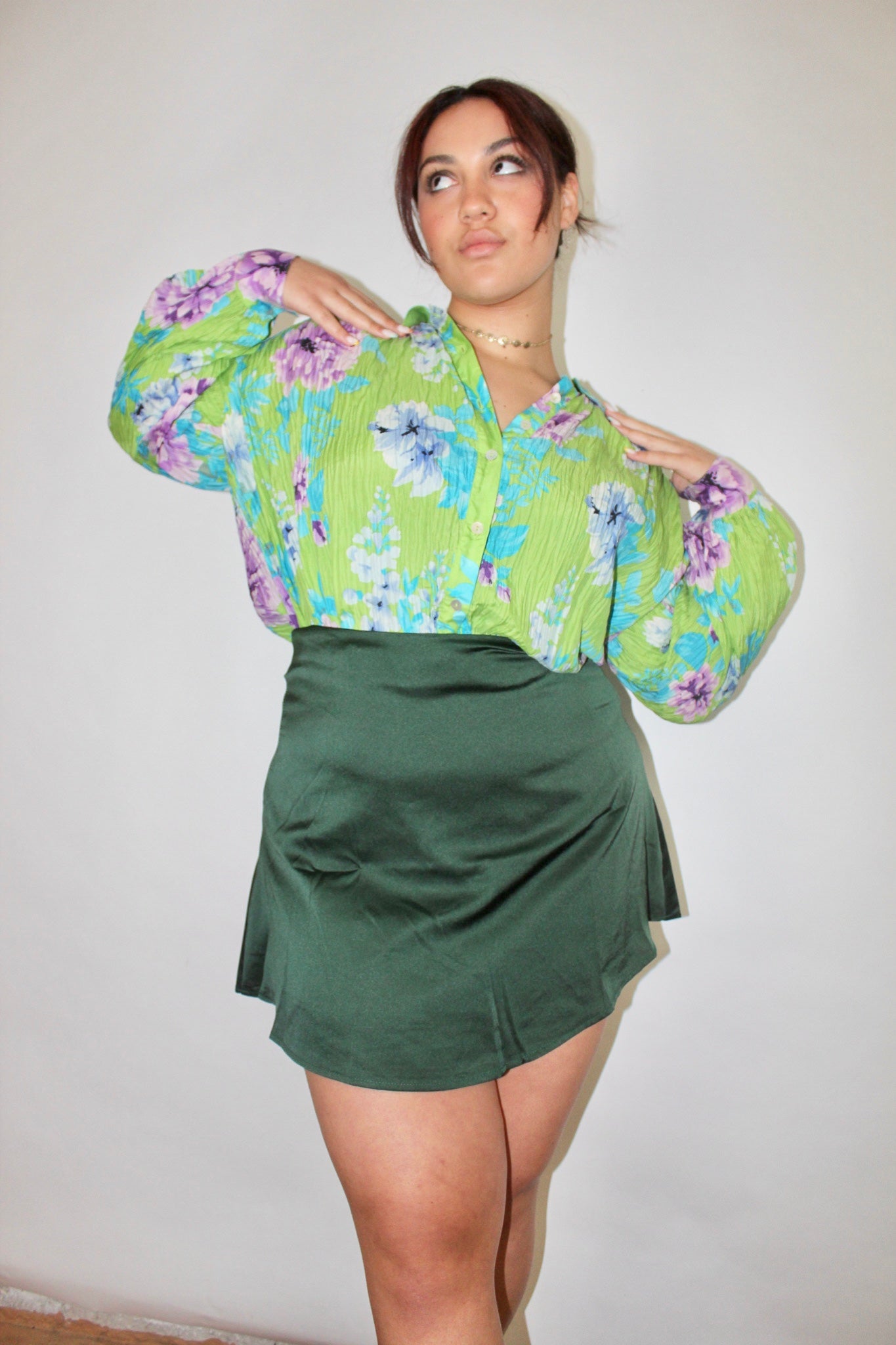 Vintage Floral Pleated Balloon-Sleeve Blouse (L-XL)