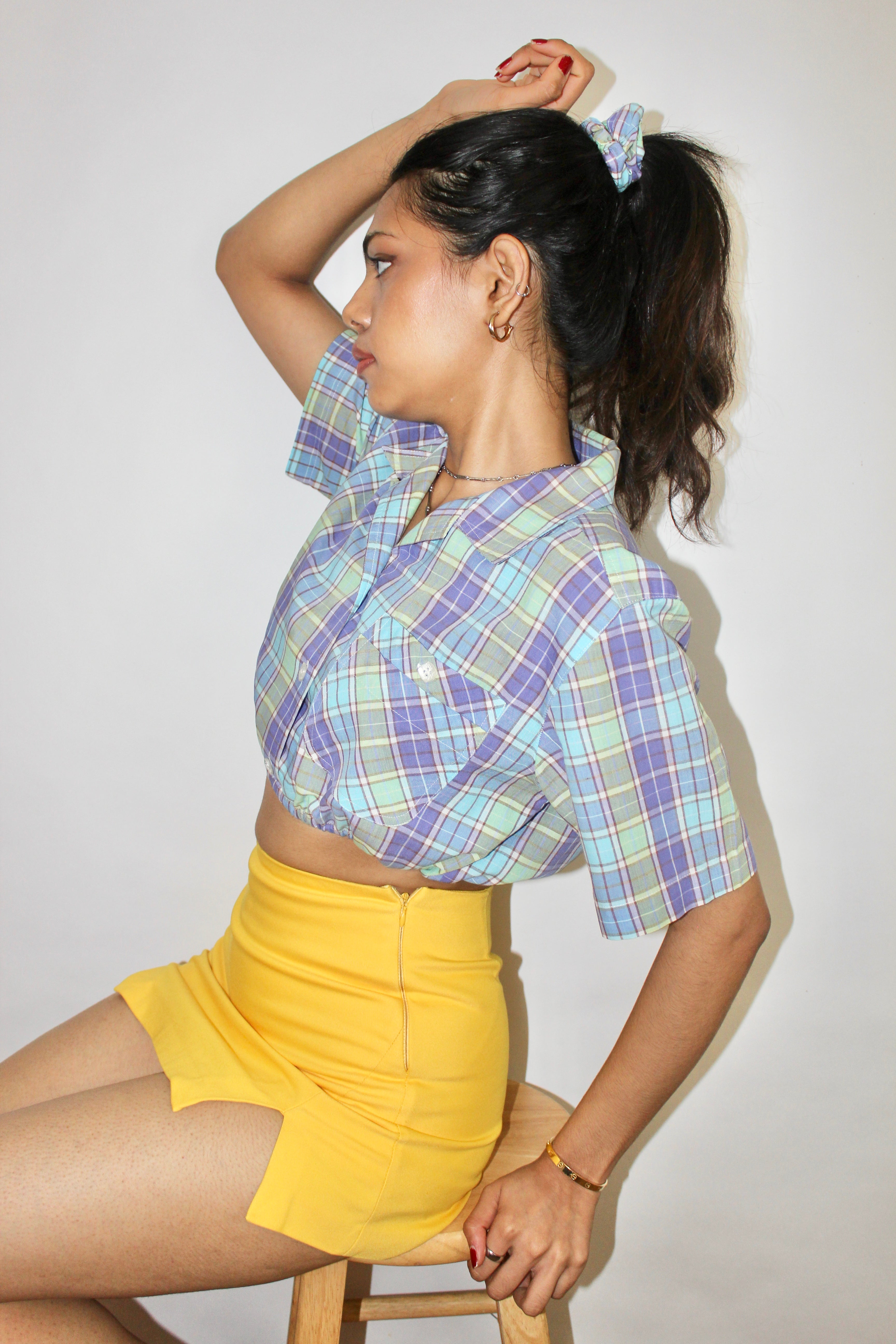 Vintage 90s Colorful Plaid Crop w/ Scrunchie (XS-S)