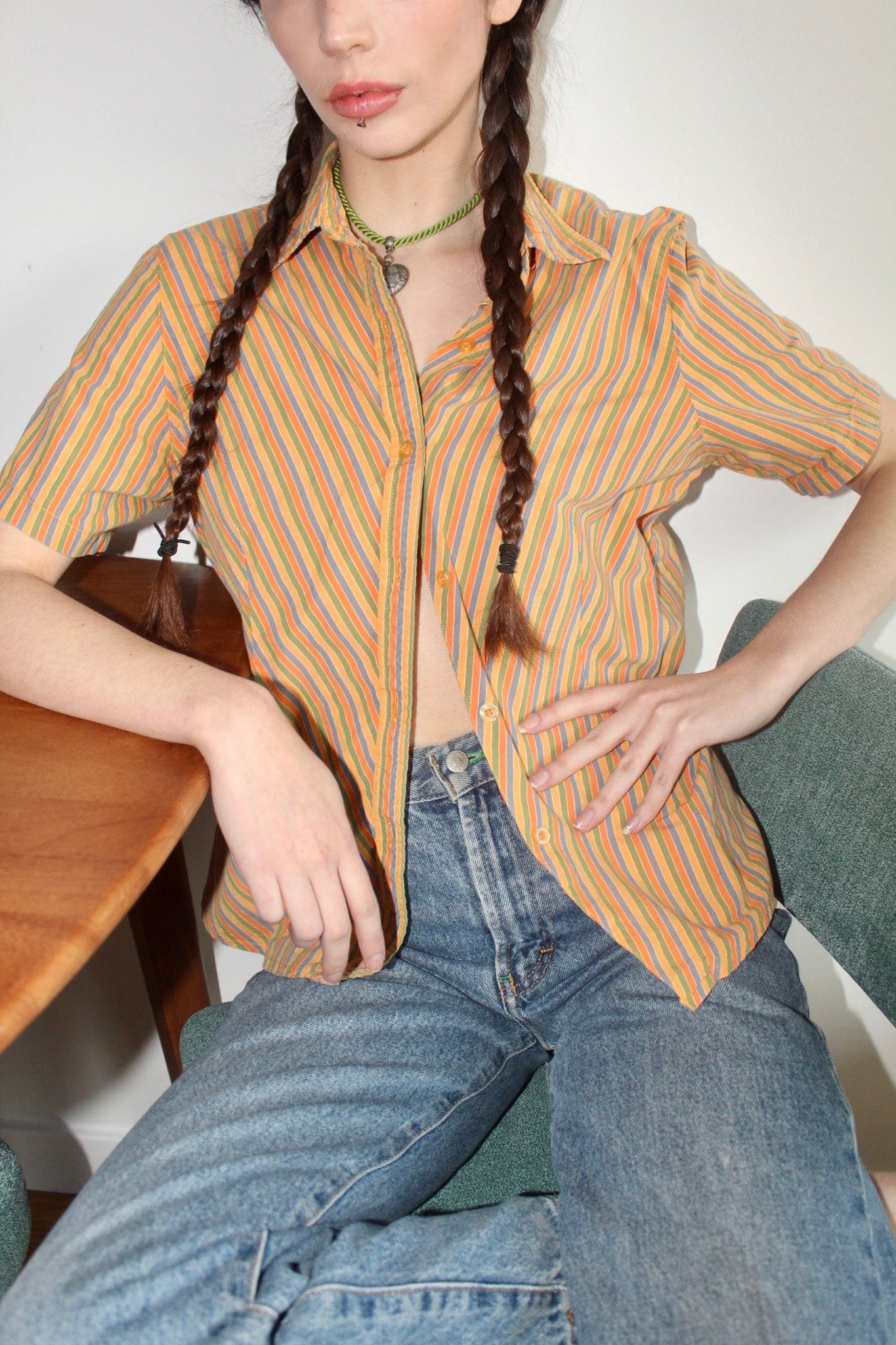 Vintage 90s Apricot Striped Short Sleeve (S)