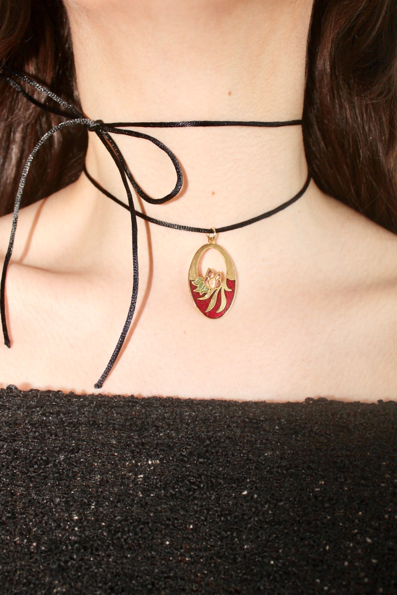 Ruby Oval Pendant Choker With Cutout Design Strung On Satin Cord With A Choice From 5 Colors