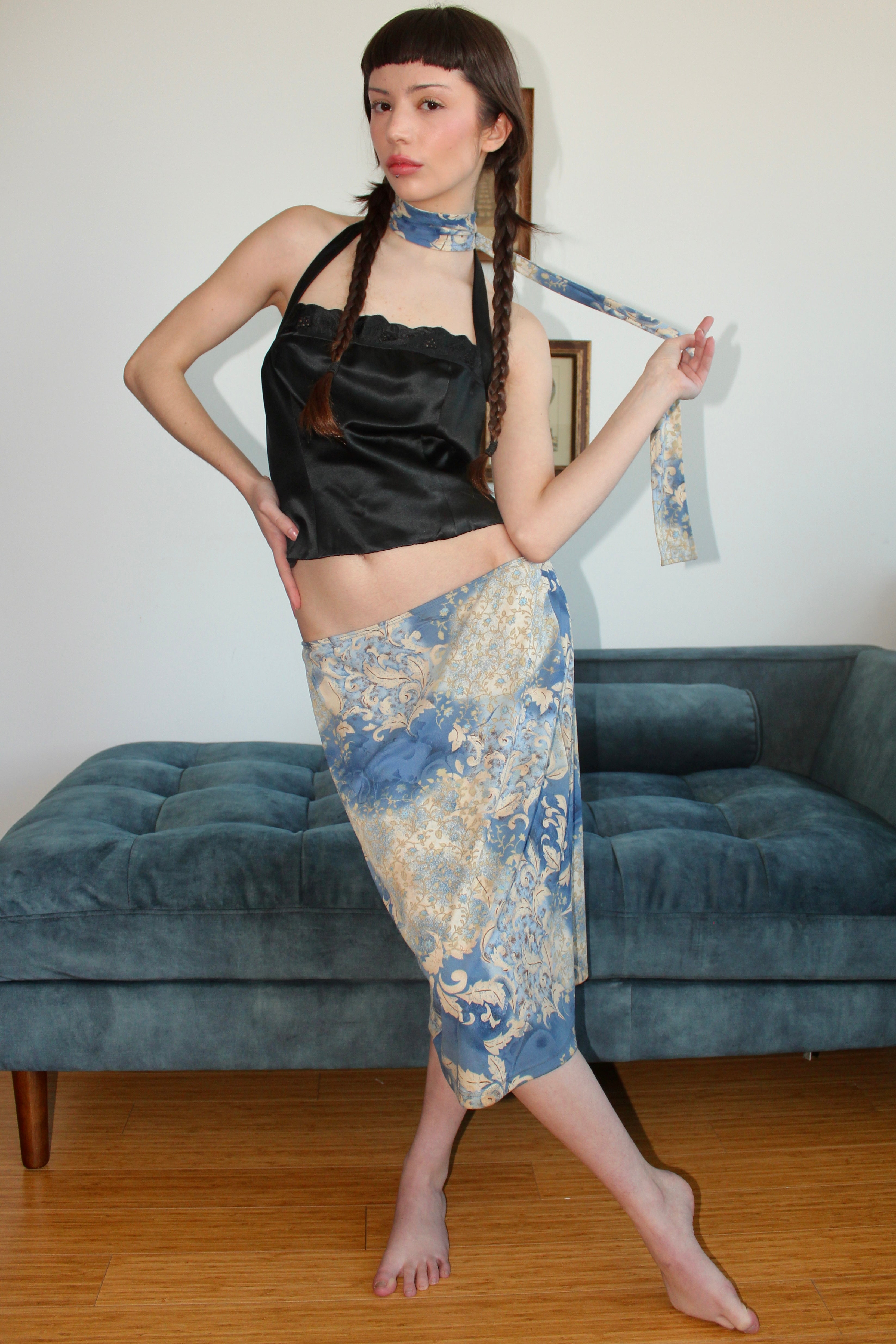 Vintage Floral Midi Skirt w/ Matching Tie (M)