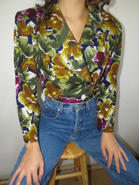 Vintage Double Breasted Brushstroke Blouse (M)