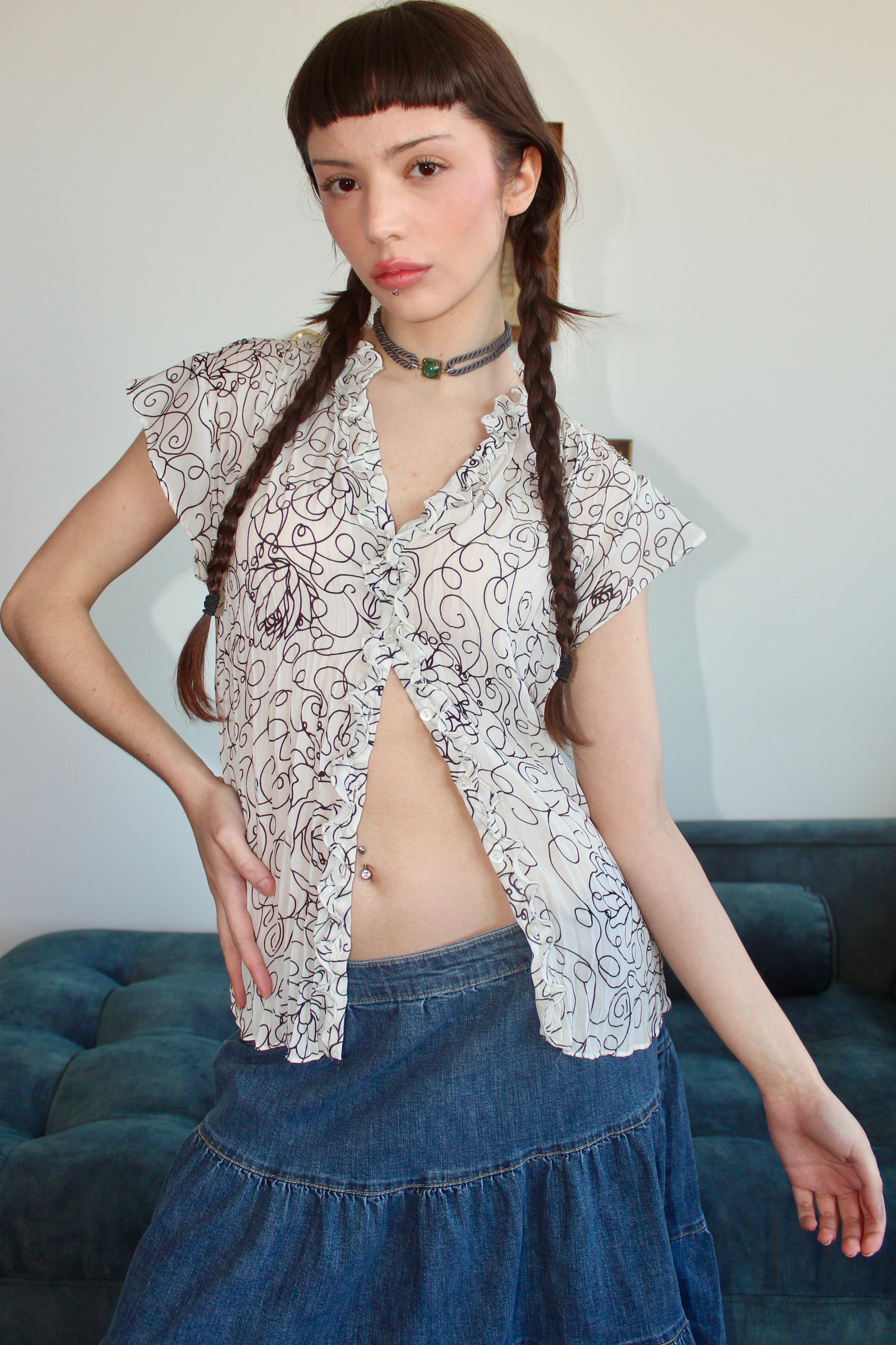 Vintage 90s Squiggle Gauzy Blouse (S)