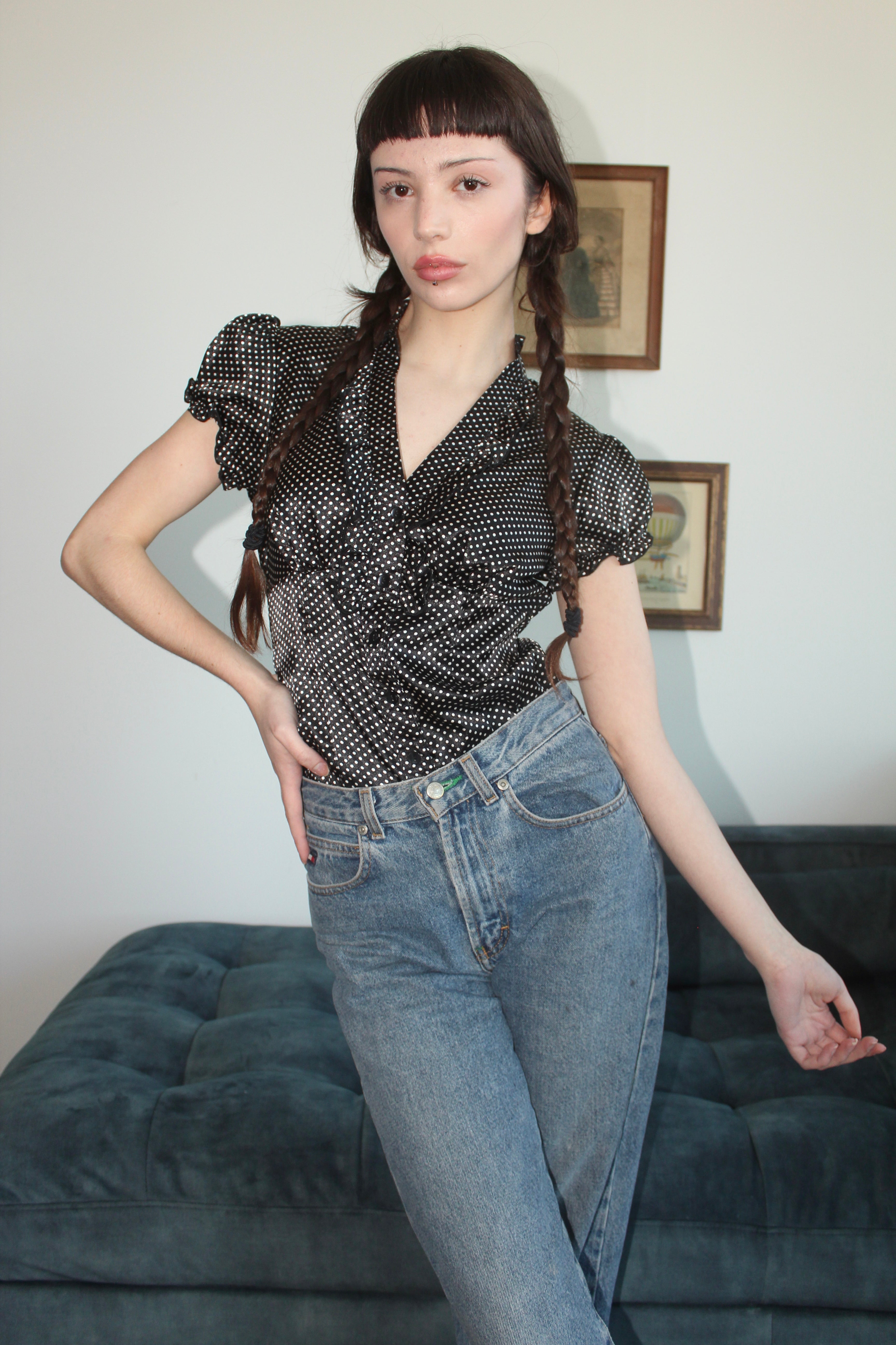 Vintage 90s Dotted Puff Sleeve Blouse (S)