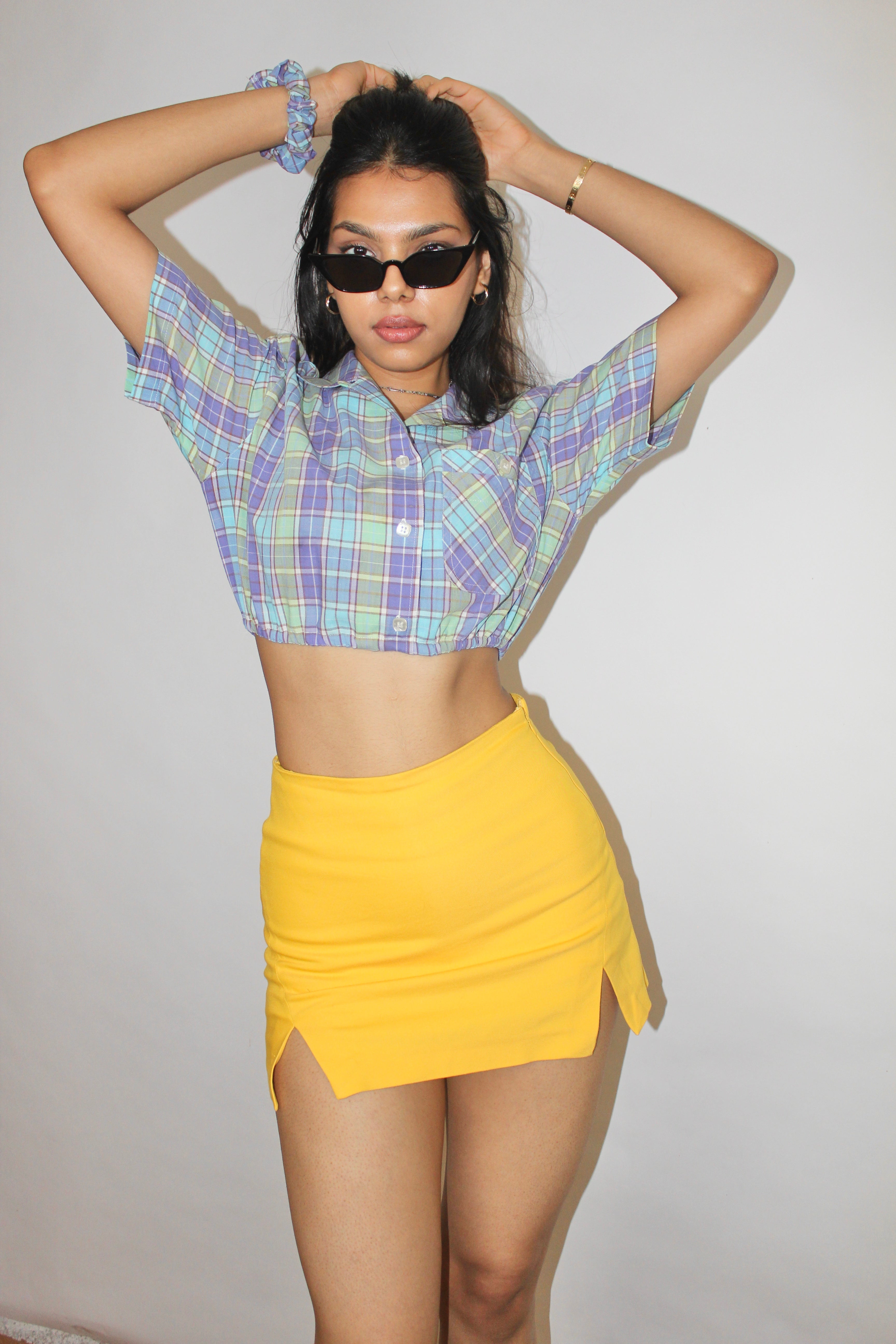 Vintage 90s Colorful Plaid Crop w/ Scrunchie (XS-S)