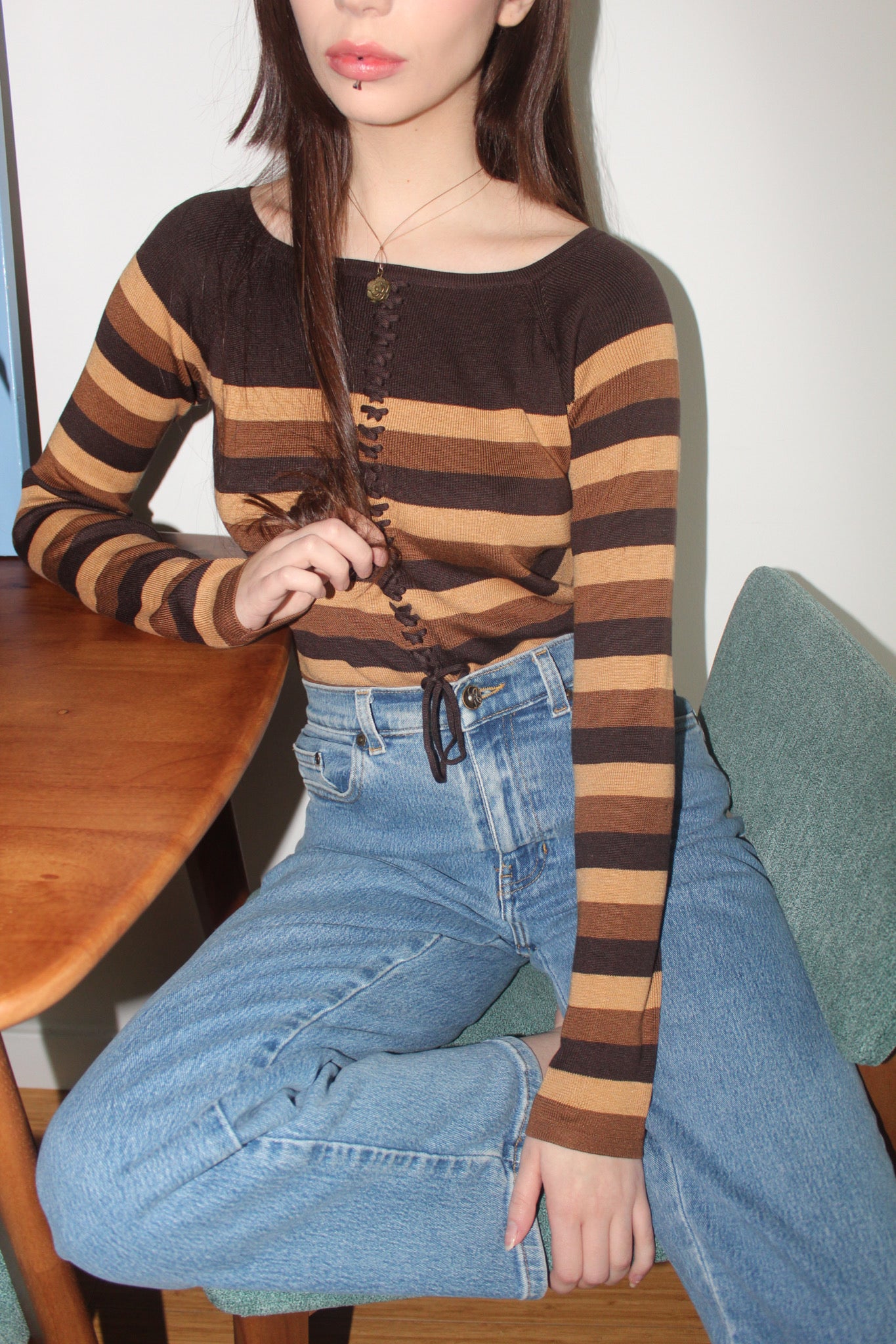 Vintage 90s Lace Up Striped Silk Knit Top (S)