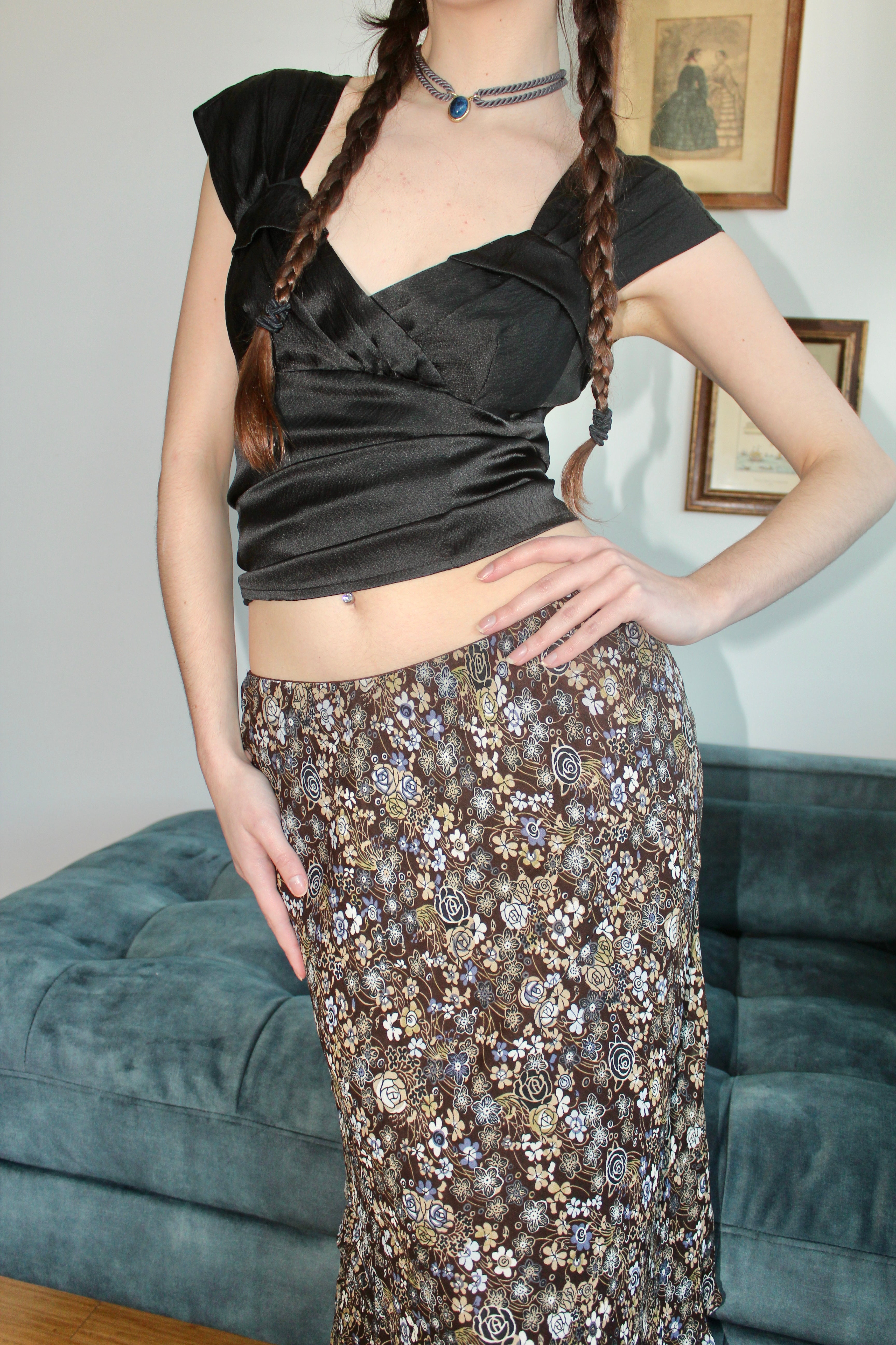 Vintage Rustic Floral Midi Skirt (S)