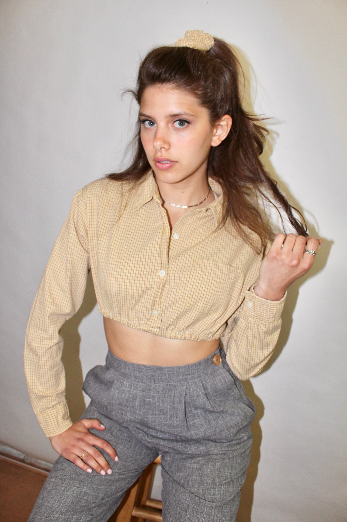 Vintage 80s Plaid Crop w/ Scrunchie (XS-S)