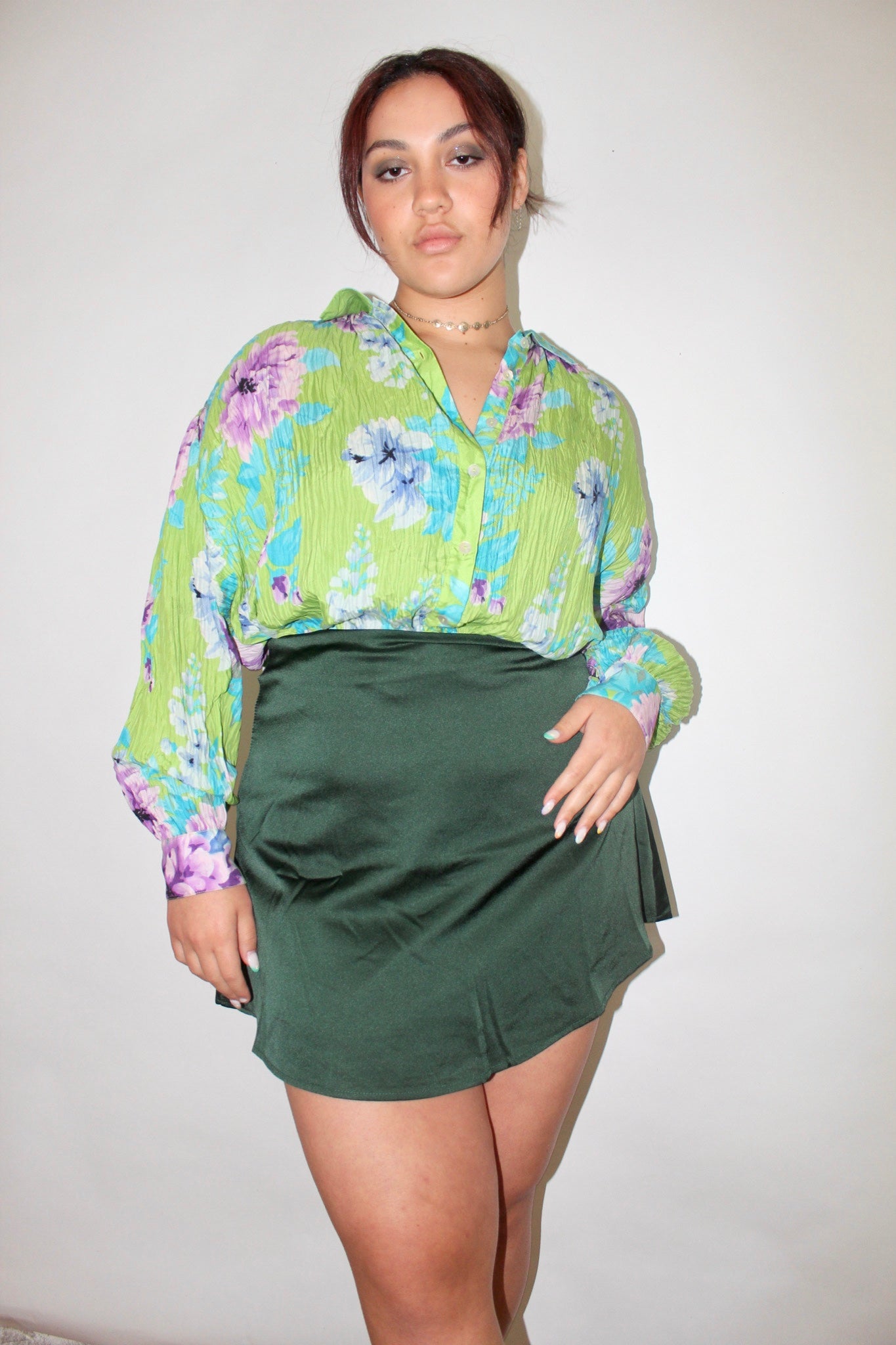 Vintage Floral Pleated Balloon-Sleeve Blouse (L-XL)