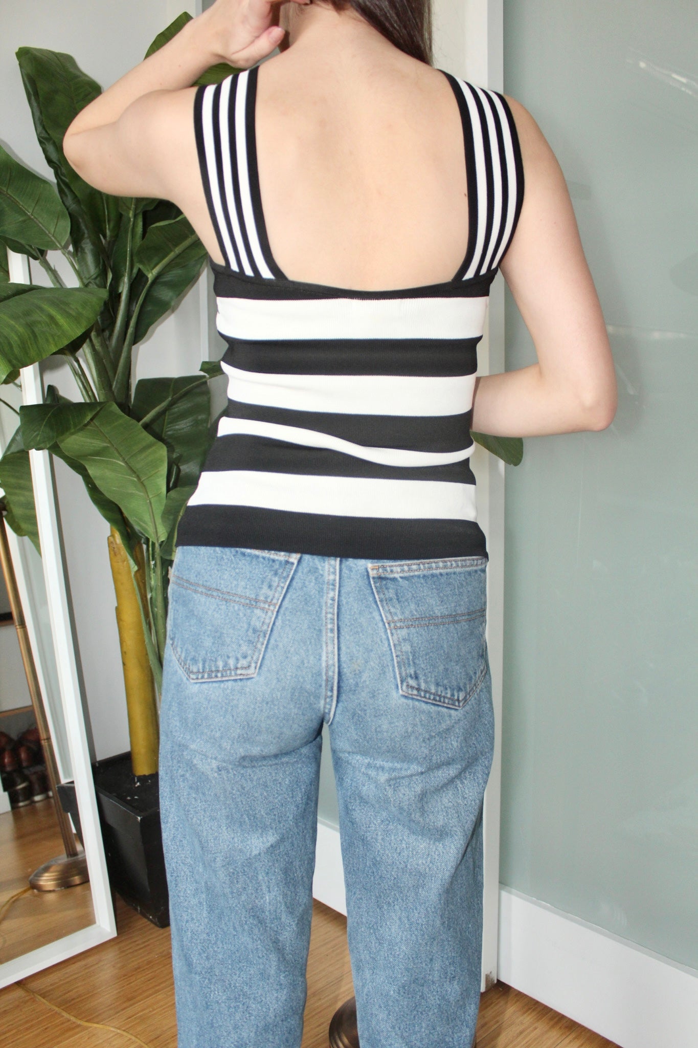 Vintage Black White Crossover Striped Knit Top (S)