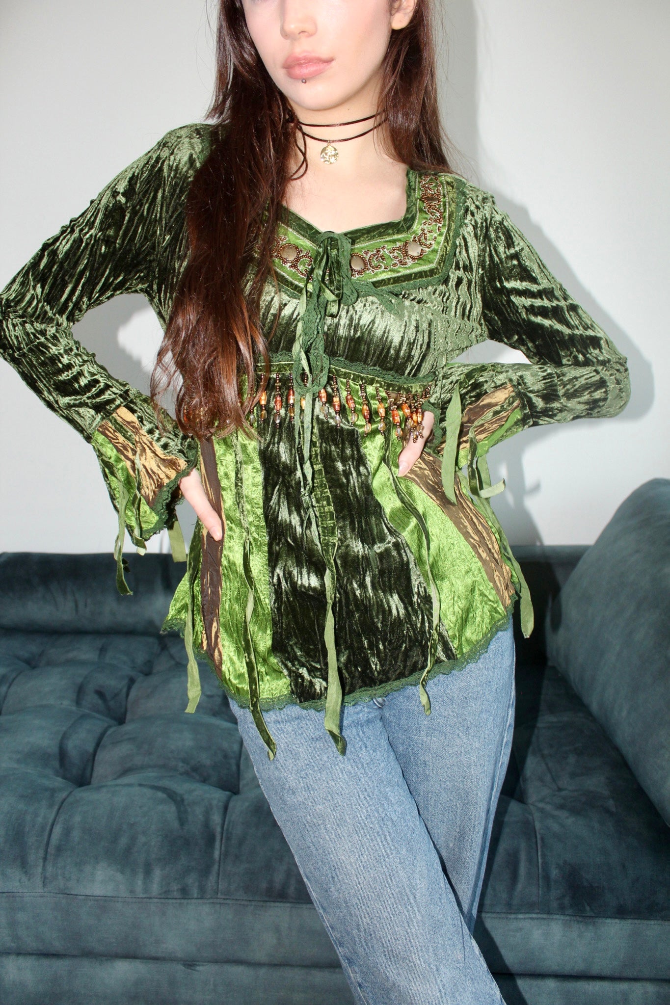 vintage blouse with intricate detail, rich velvety green mix with beaded chest, cinched bust and unique panelling