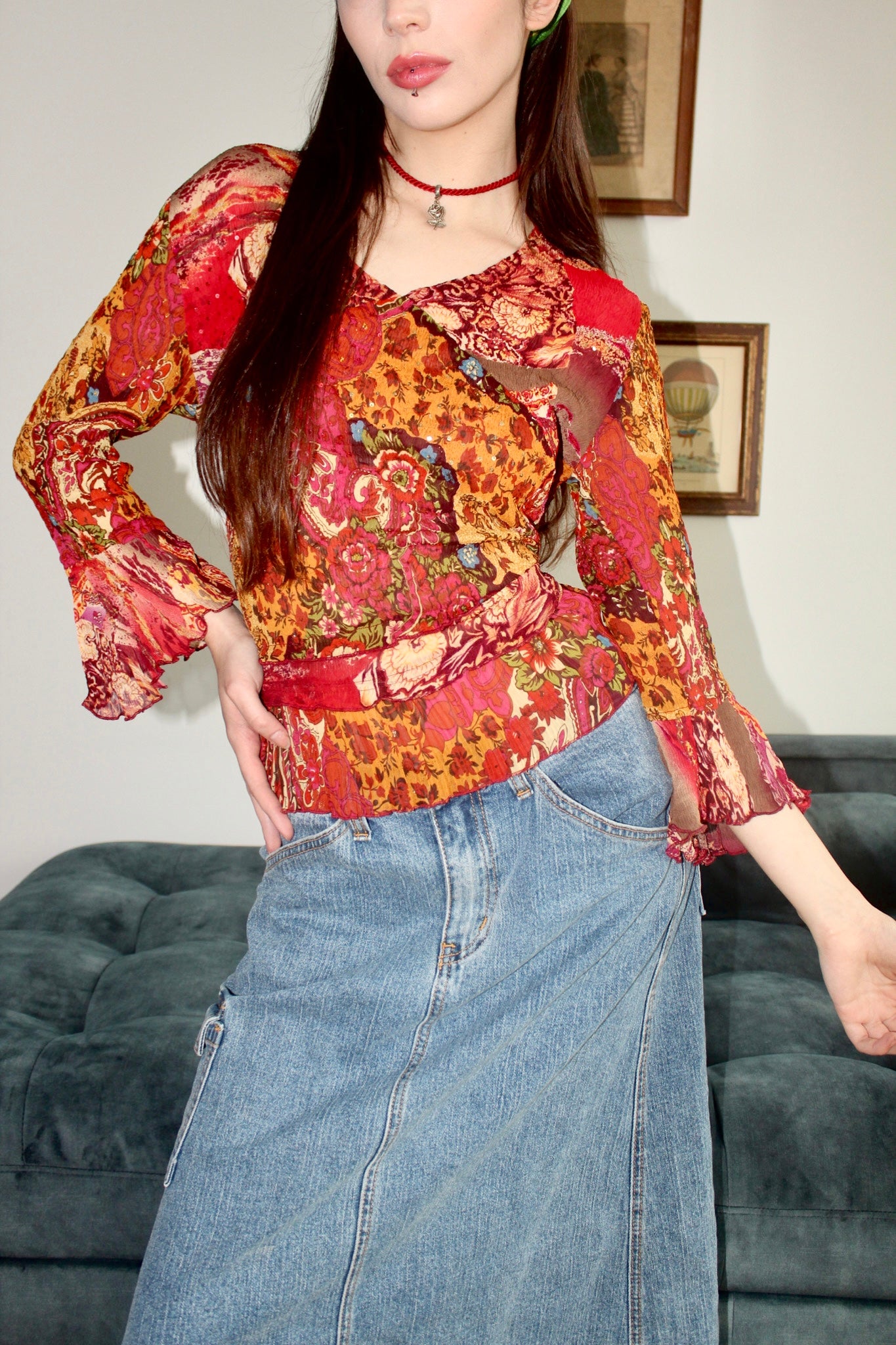Vintage 90s Abstract Boho Pleated Top (M)