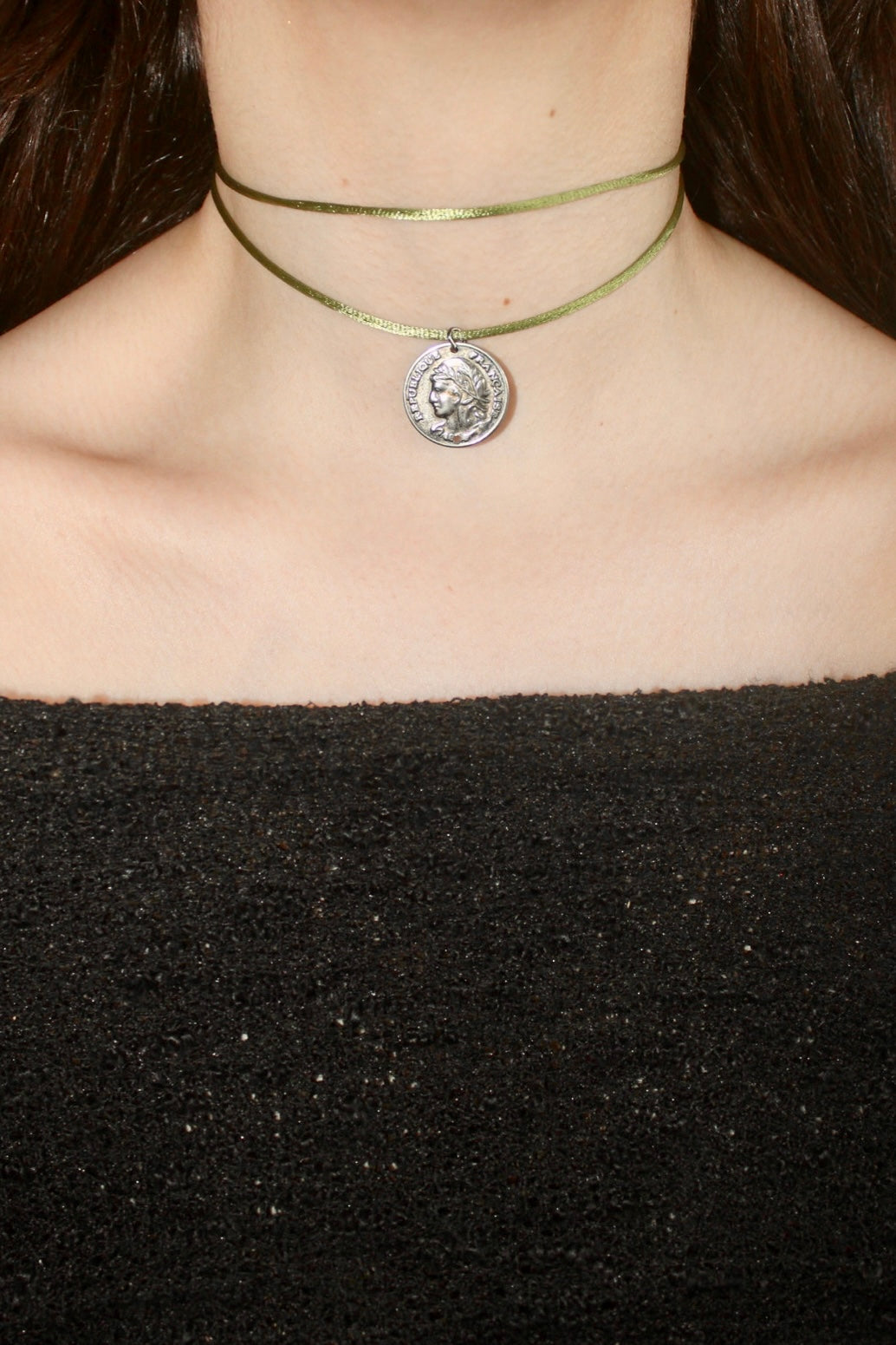 French Style Coin Pendant Choker On Charmeuse Green Cord