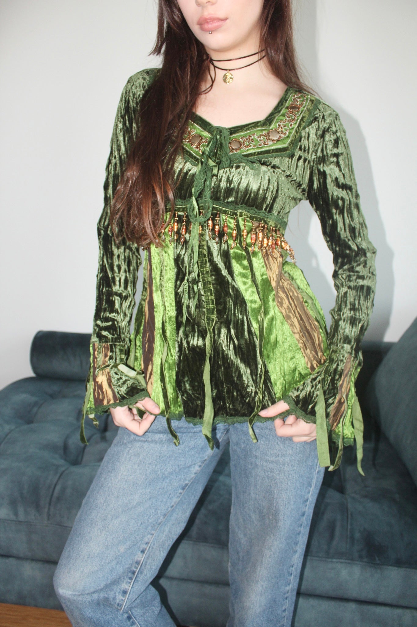 vintage blouse with intricate detail, rich velvety green mix with beaded chest, cinched bust and unique panelling