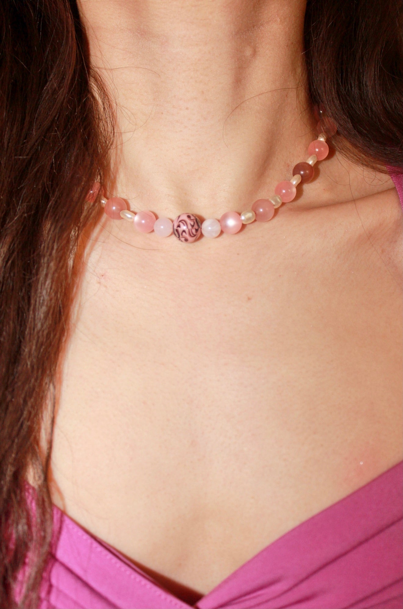 Violetta Center Floral Pink Bead Choker Necklace