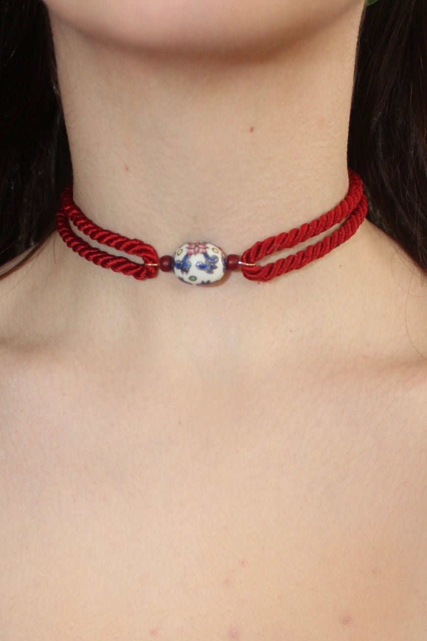 Floral Pendant Cherry Red Rope Choker