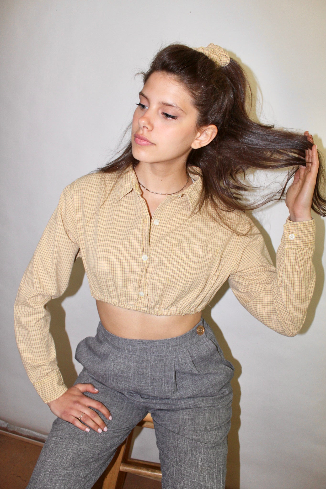 Vintage 80s Plaid Crop w/ Scrunchie (XS-S)