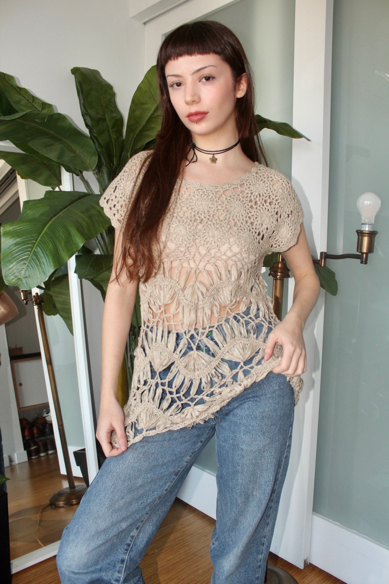 Vintage Tan Crochet Knit (M)